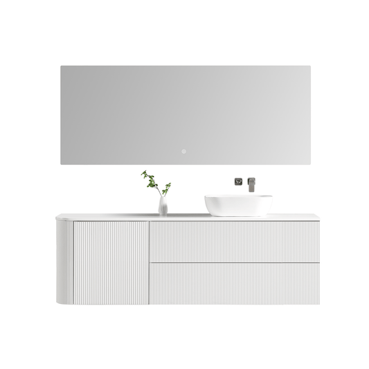 MELA - BRITTANY 1800 Matt White Fluted One Side Curved Wall Hung Vanity with Door & 2 Drawers - Vanities - from our - MELA - supplier–available at Bathroom City Perth
