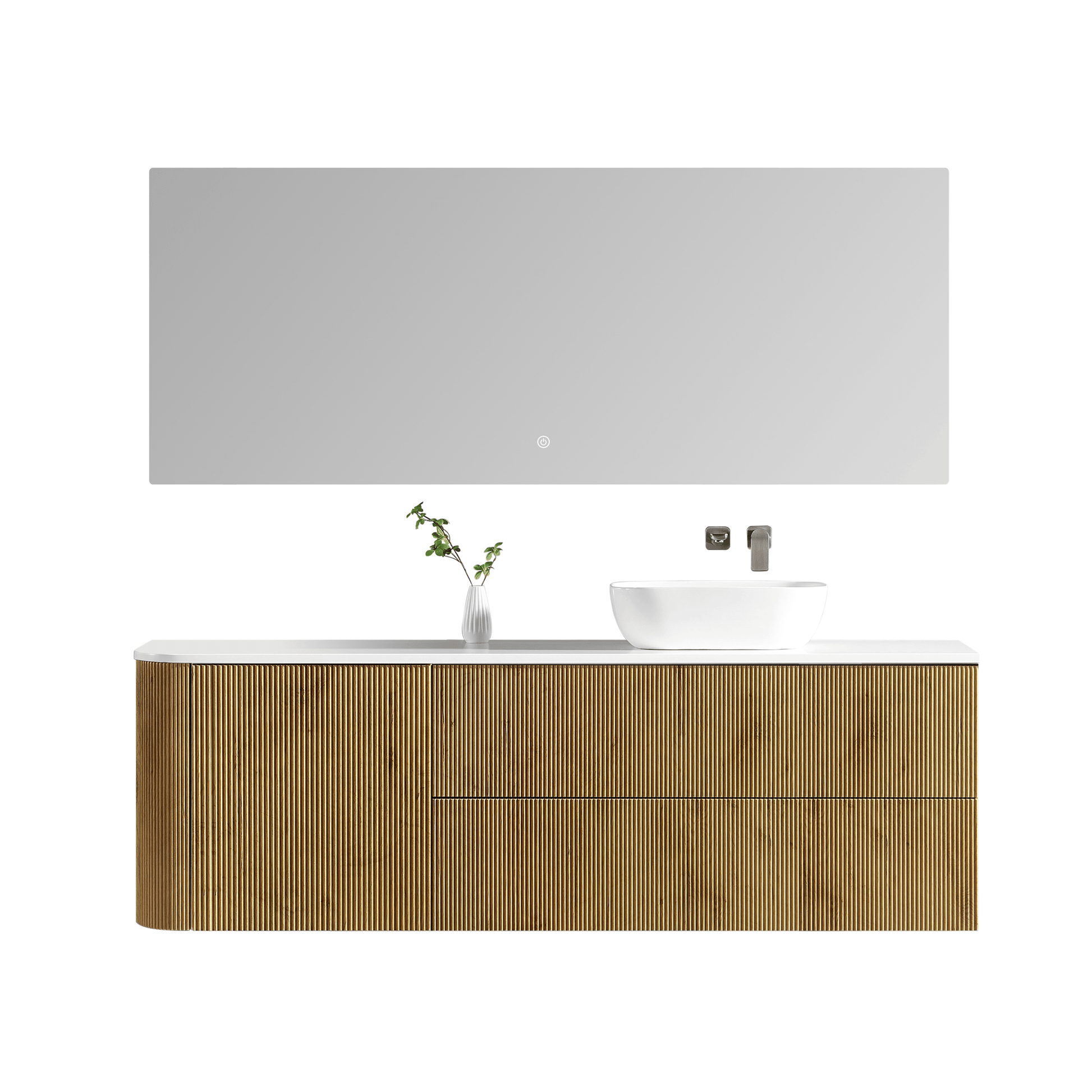 MELA - BRITTANY 1800 Oak Fluted One Side Curved Wall Hung Vanity with Door & 2 Drawers - Vanities - from our - MELA - supplier–available at Bathroom City Perth