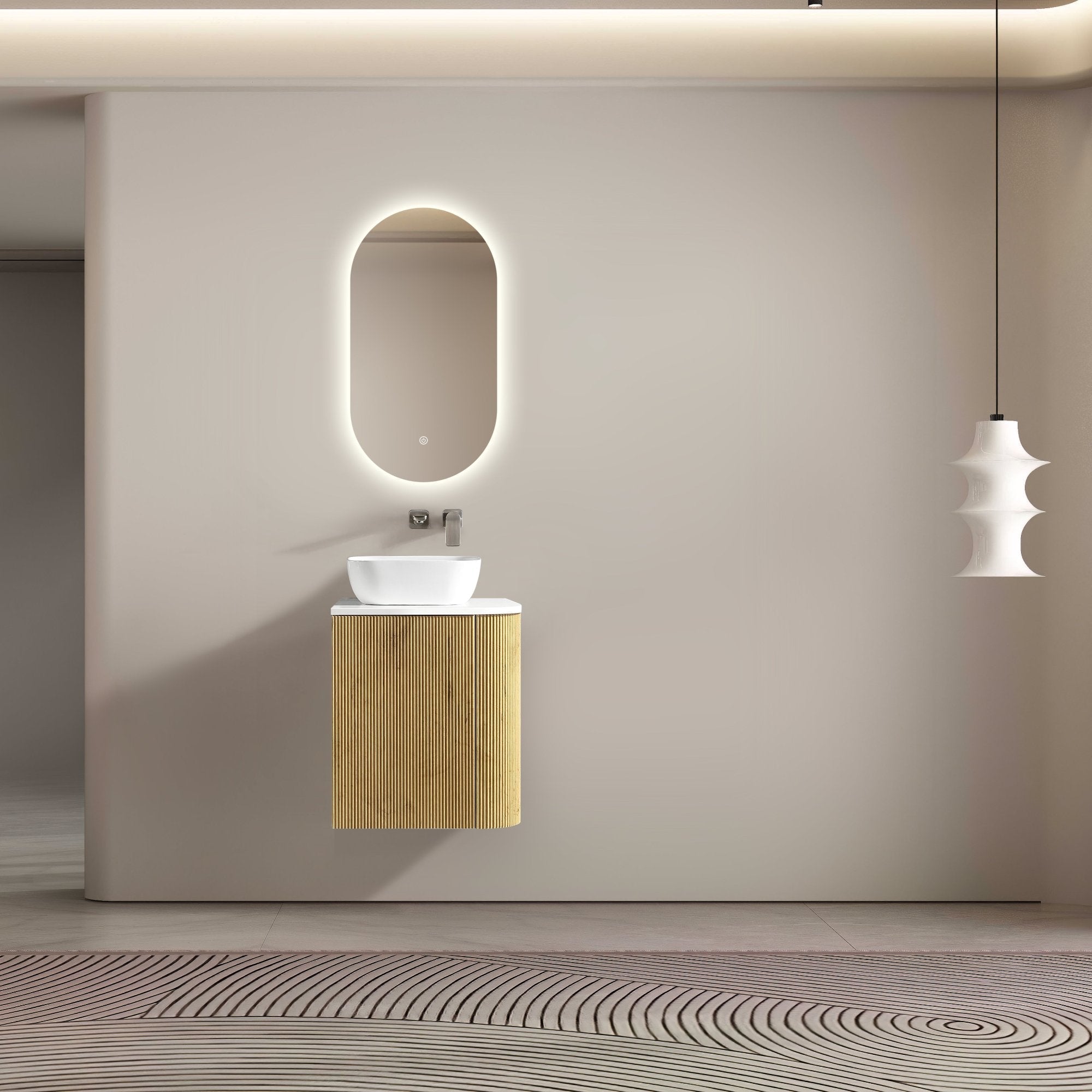 MELA - BRITTANY 450 Oak Fluted One Side Curved Wall Hung Vanity with CupboardVanities – available at Bathroom City Perth