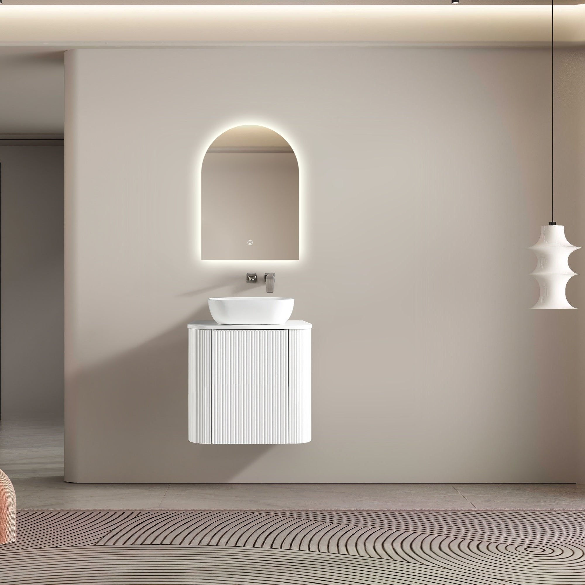 MELA - BRITTANY 600 Matt White Fluted Curved Wall Hung Vanity with CupboardVanities – available at Bathroom City Perth