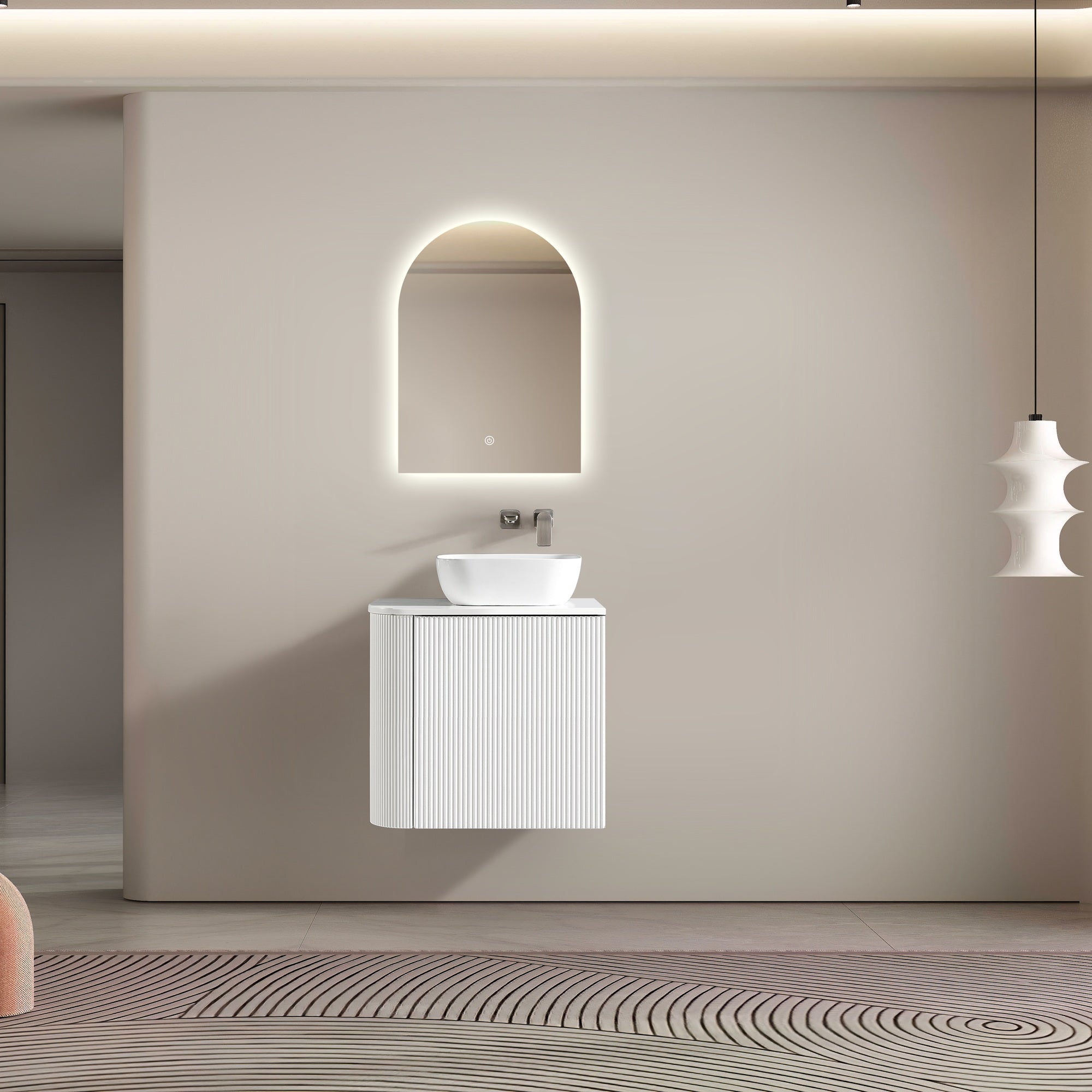 MELA - BRITTANY 600 Matt White Fluted One Side Curved Wall Hung Vanity with CupboardVanities – available at Bathroom City Perth