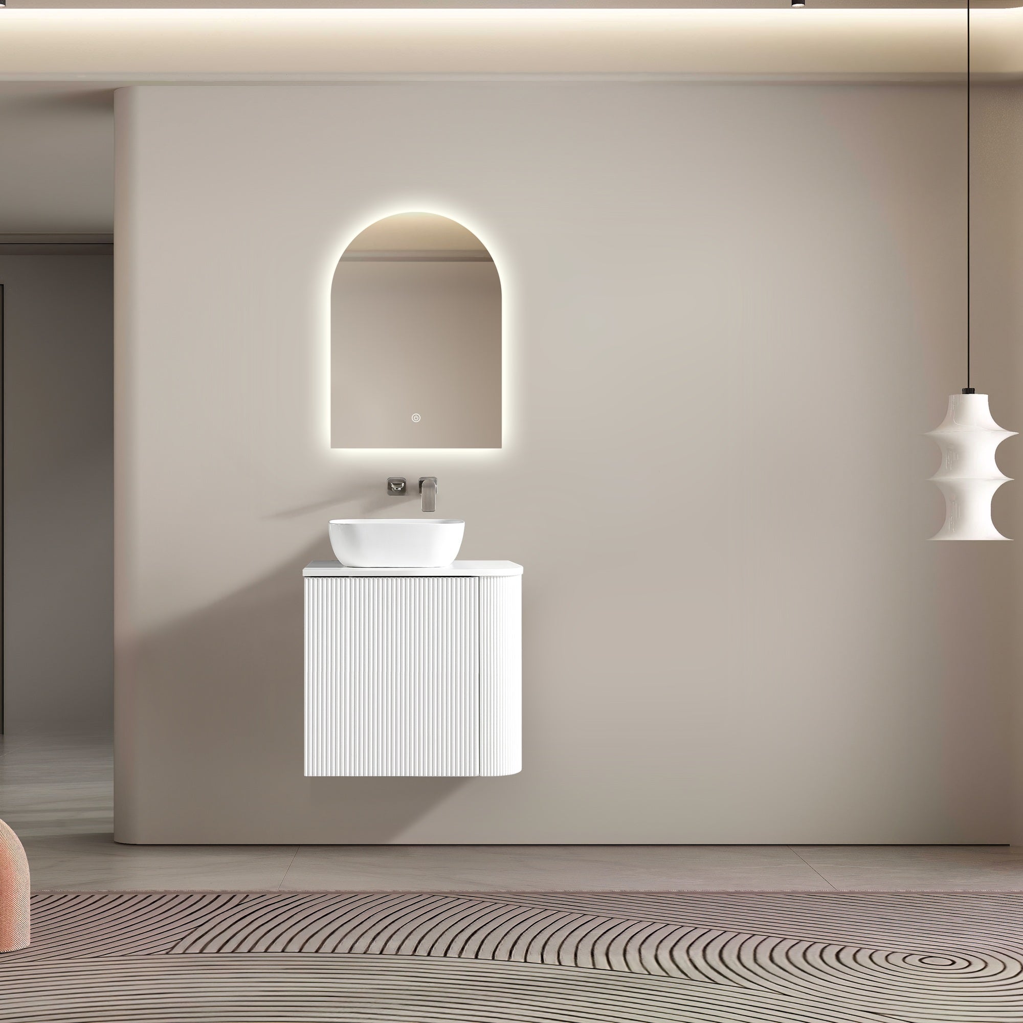 MELA - BRITTANY 600 Matt White Fluted One Side Curved Wall Hung Vanity with CupboardVanities – available at Bathroom City Perth