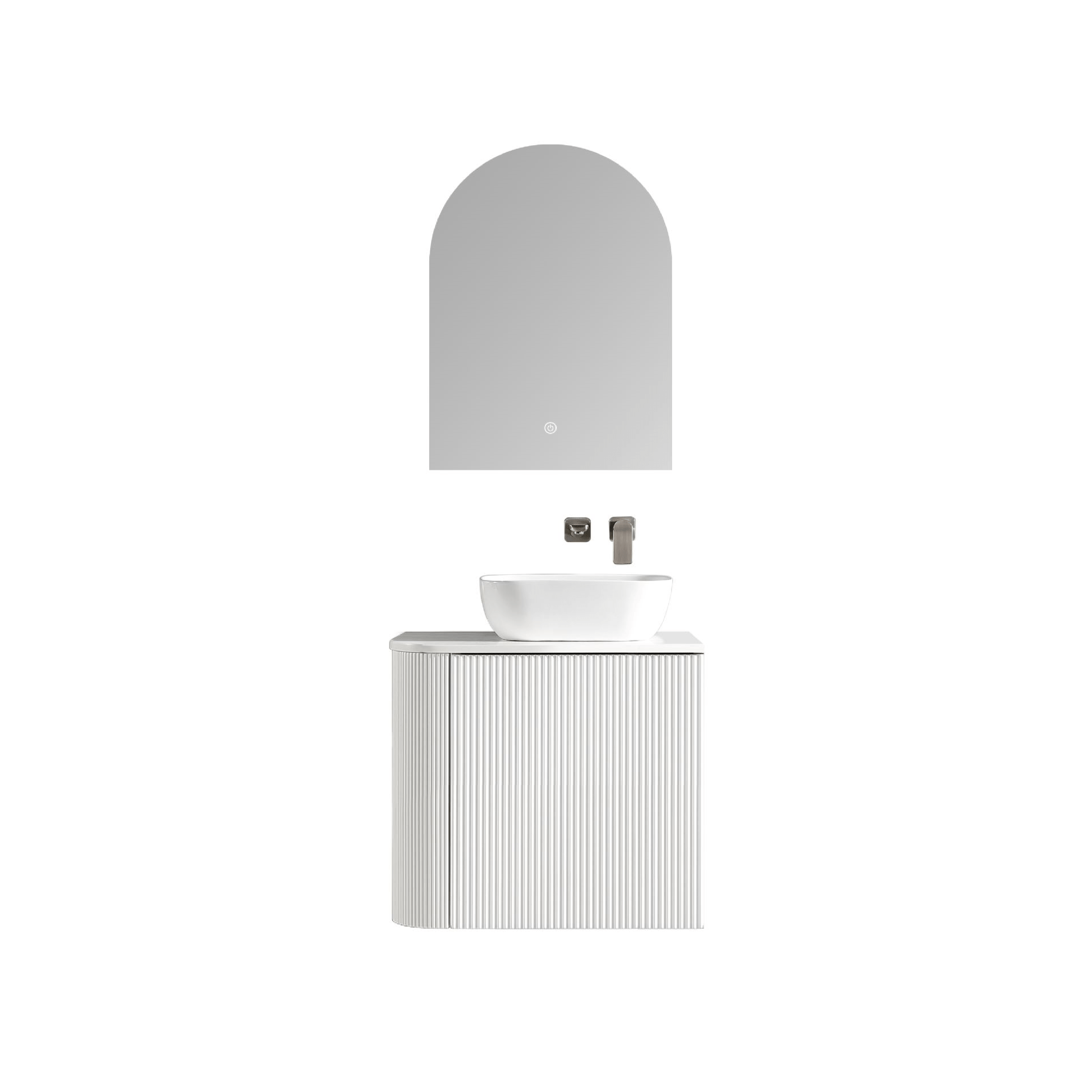 MELA - BRITTANY 600 Matt White Fluted One Side Curved Wall Hung Vanity with Cupboard - Vanities - from our - MELA - supplier–available at Bathroom City Perth