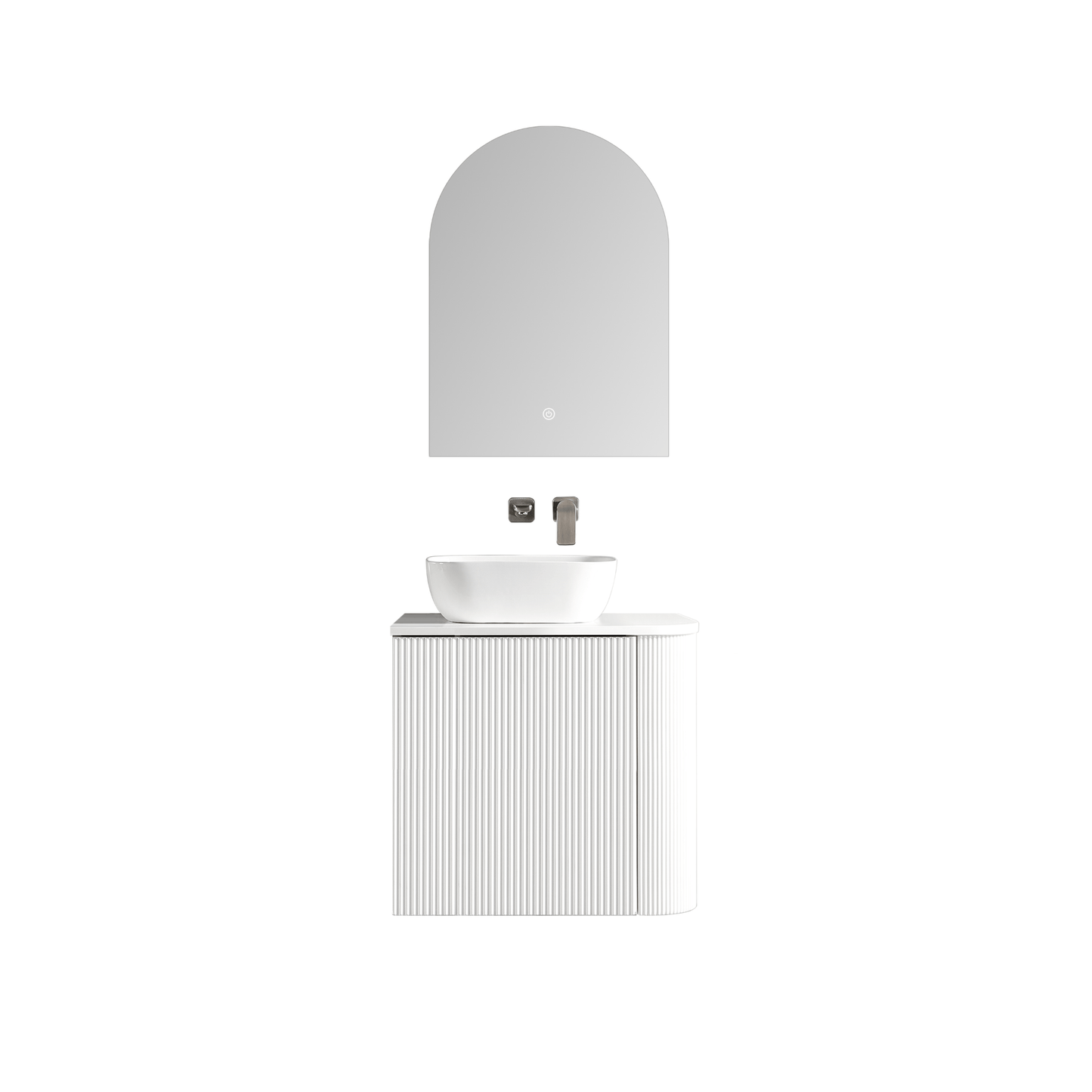 MELA - BRITTANY 600 Matt White Fluted One Side Curved Wall Hung Vanity with Cupboard - Vanities - from our - MELA - supplier–available at Bathroom City Perth