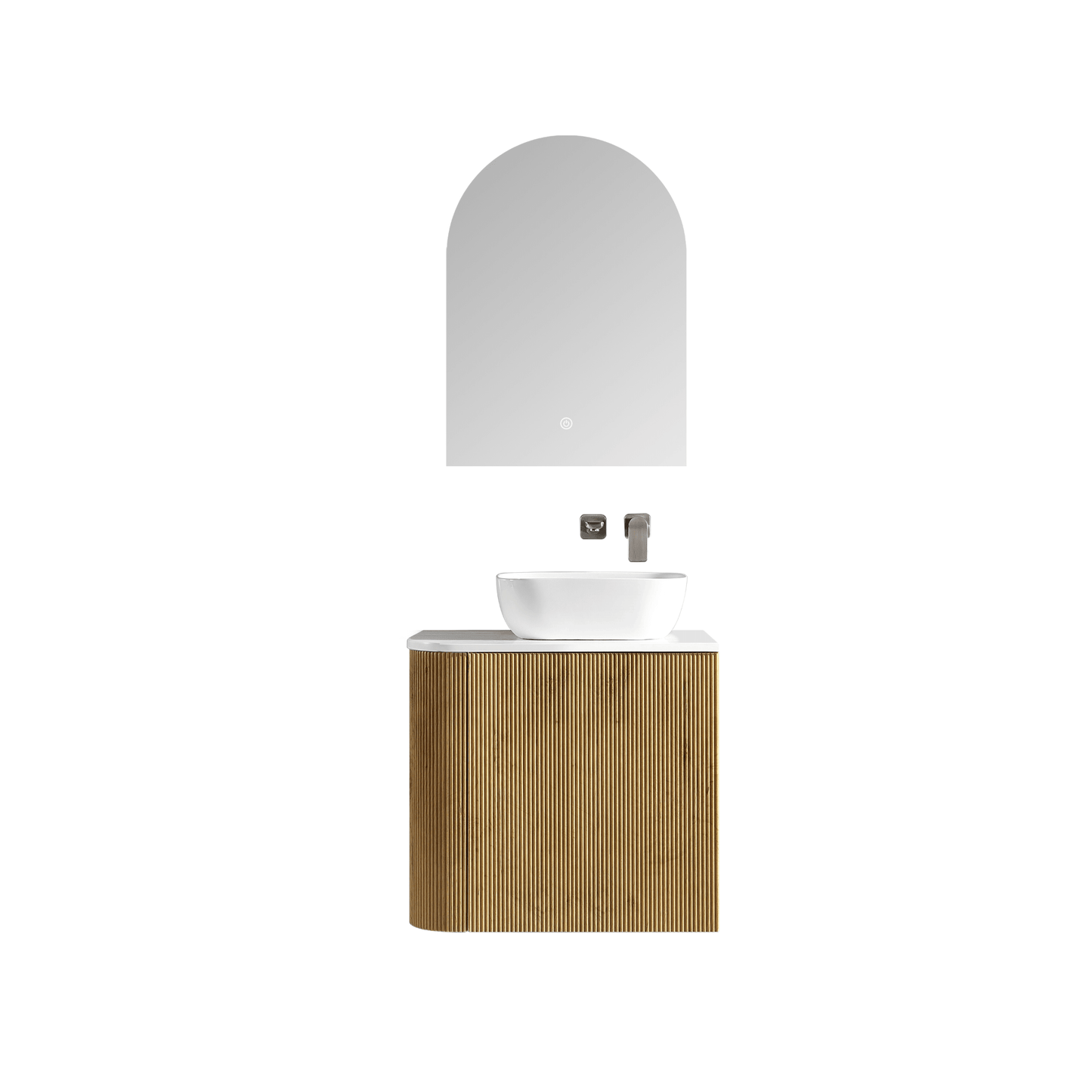 MELA - BRITTANY 600 Oak Fluted One Side Curved Wall Hung Vanity with Cupboard - Vanities - from our - MELA - supplier–available at Bathroom City Perth