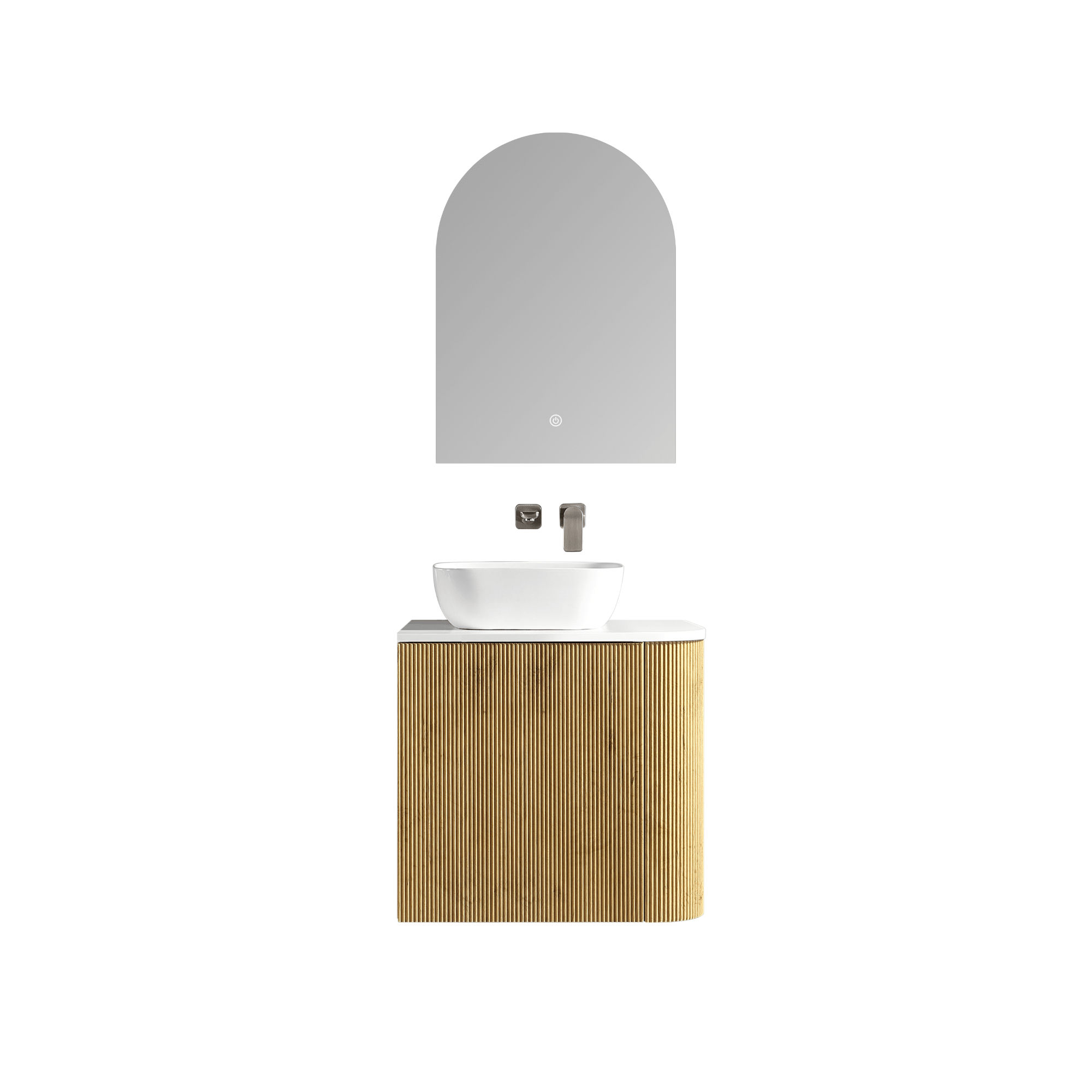 MELA - BRITTANY 600 Oak Fluted One Side Curved Wall Hung Vanity with Cupboard - Vanities - from our - MELA - supplier–available at Bathroom City Perth