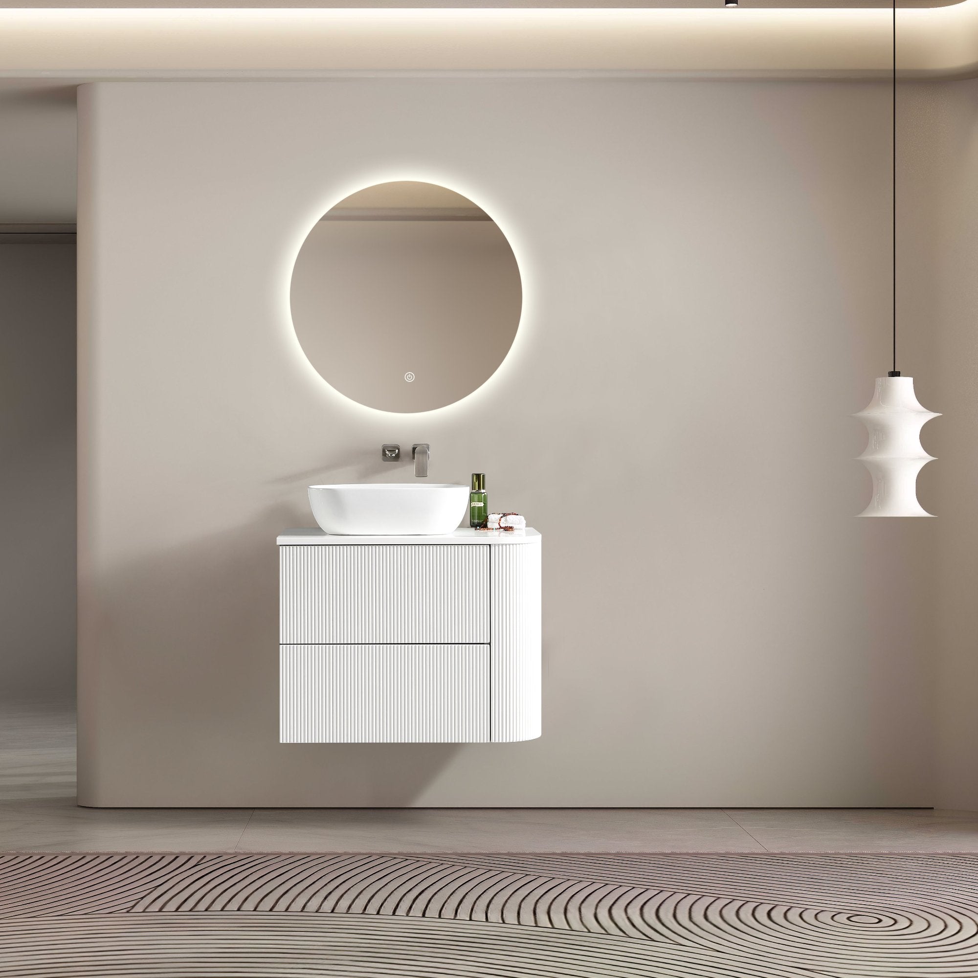 MELA - BRITTANY 750 Matt White Fluted One Side Curved Wall Hung Vanity with 2 DrawersVanities – available at Bathroom City Perth