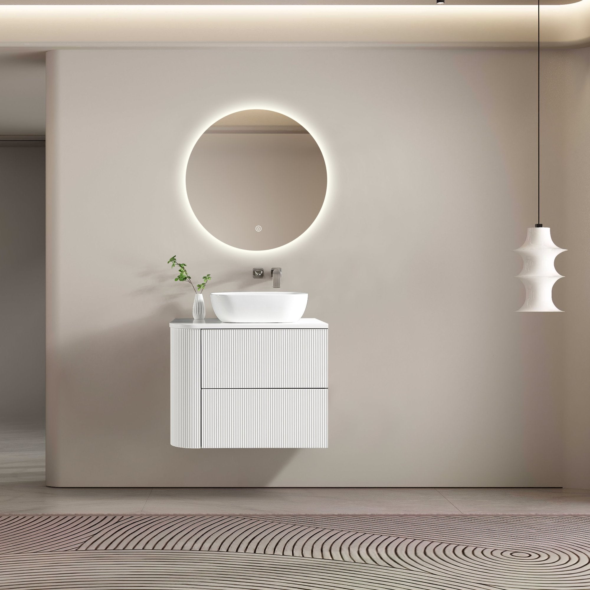 MELA - BRITTANY 750 Matt White Fluted One Side Curved Wall Hung Vanity with 2 DrawersVanities – available at Bathroom City Perth