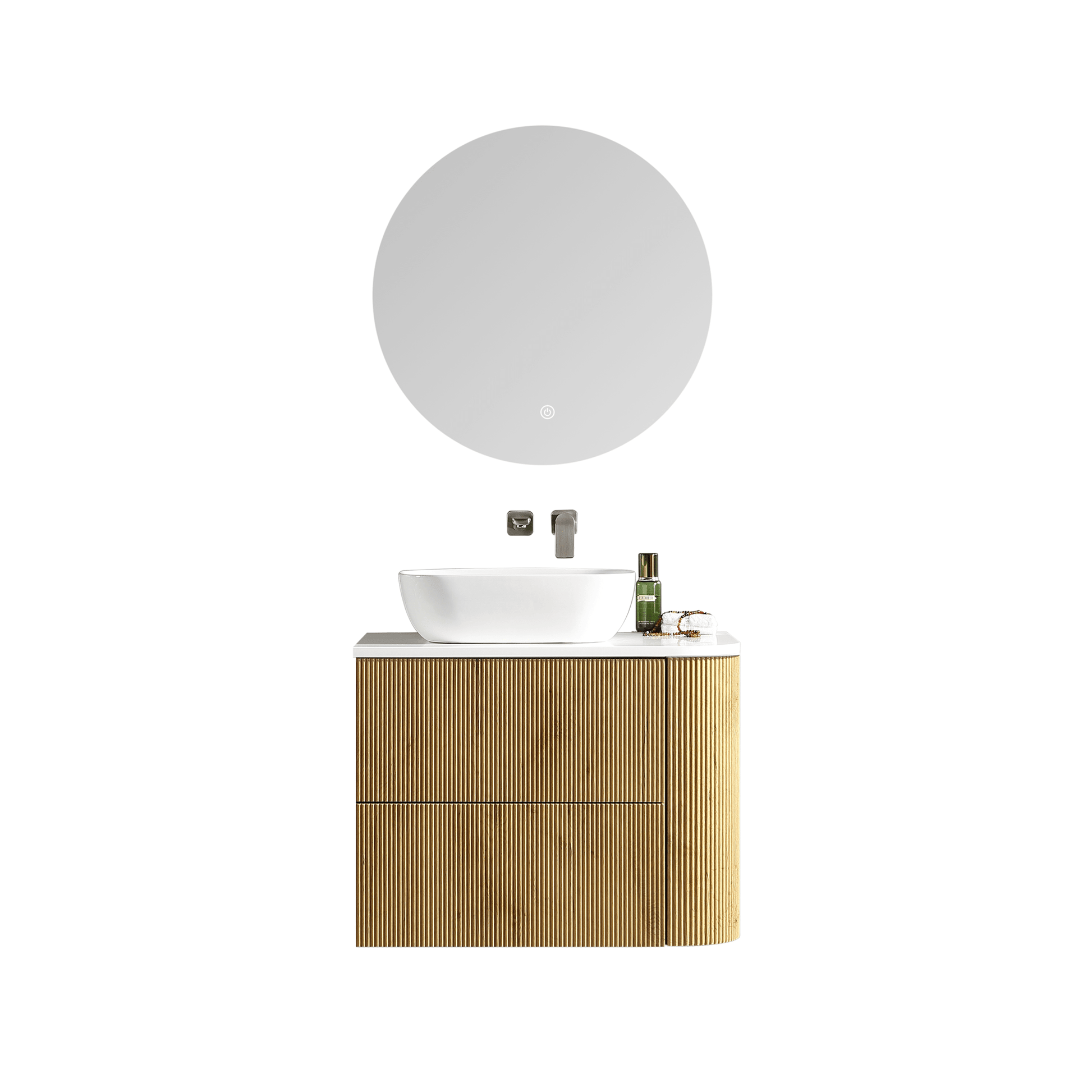 MELA - BRITTANY 750 Oak Fluted One Side Curved Wall Hung Vanity with 2 Drawers - Vanities - from our - MELA - supplier–available at Bathroom City Perth