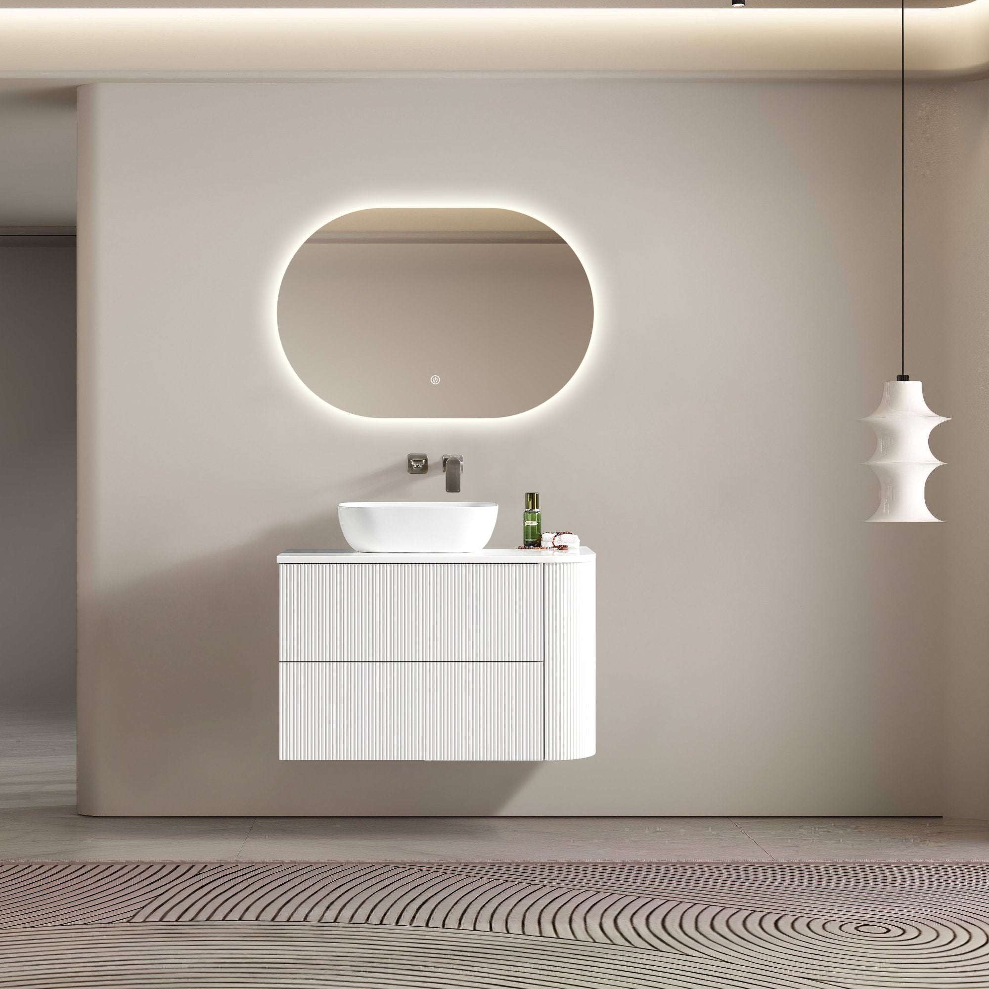 MELA - BRITTANY 900 Matt White Fluted One Side Curved Wall Hung Vanity with 2 DrawersVanities – available at Bathroom City Perth