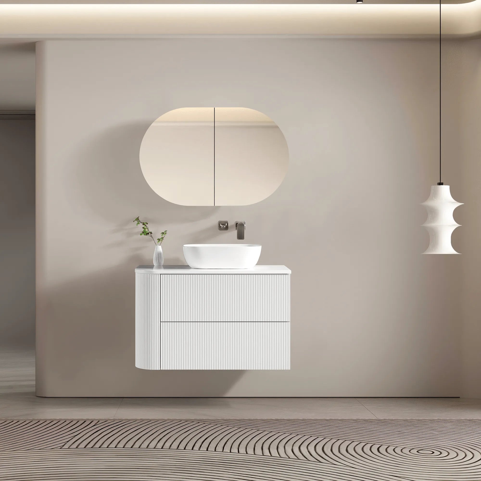 MELA - BRITTANY 900 Matt White Fluted One Side Curved Wall Hung Vanity with 2 Drawers-Vanities-from our-MELA-supplier–available at Bathroom City Perth