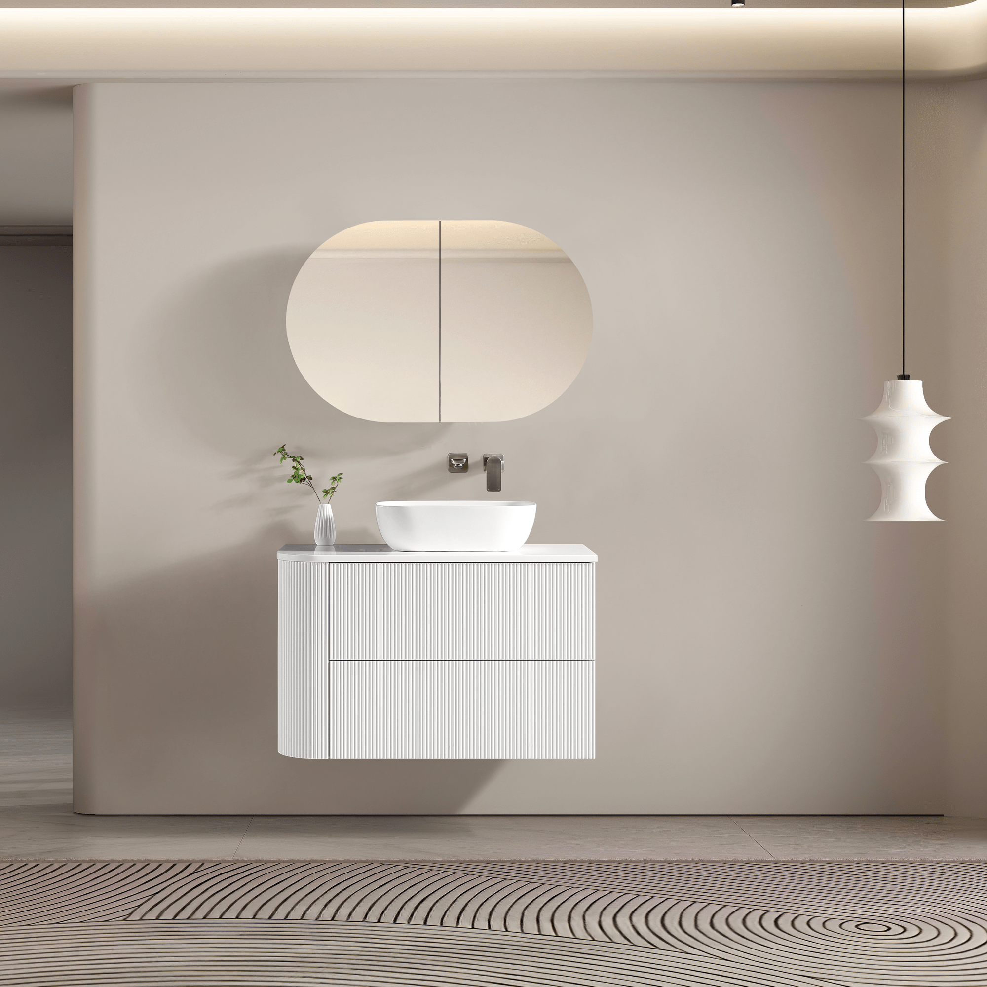 MELA - BRITTANY 900 Matt White Fluted One Side Curved Wall Hung Vanity with 2 Drawers - Vanities - from our - MELA - supplier–available at Bathroom City Perth