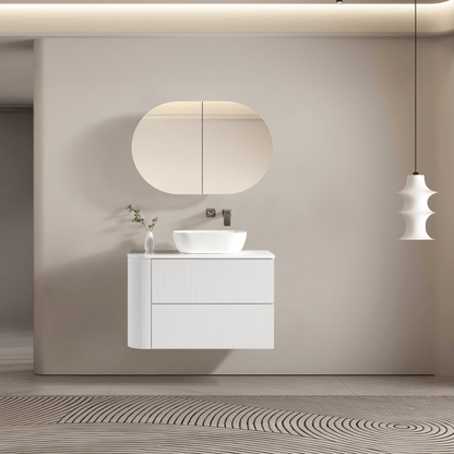 MELA - BRITTANY 900 Matt White Fluted One Side Curved Wall Hung Vanity with 2 Drawers - Vanities - from our - MELA - supplier–available at Bathroom City Perth