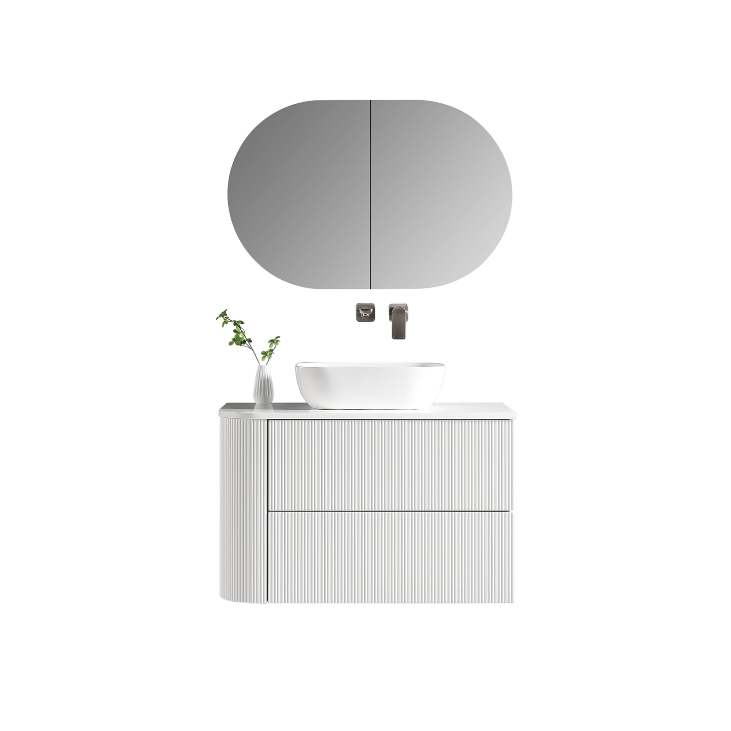 MELA - BRITTANY 900 Matt White Fluted One Side Curved Wall Hung Vanity with 2 Drawers - Vanities - from our - MELA - supplier–available at Bathroom City Perth