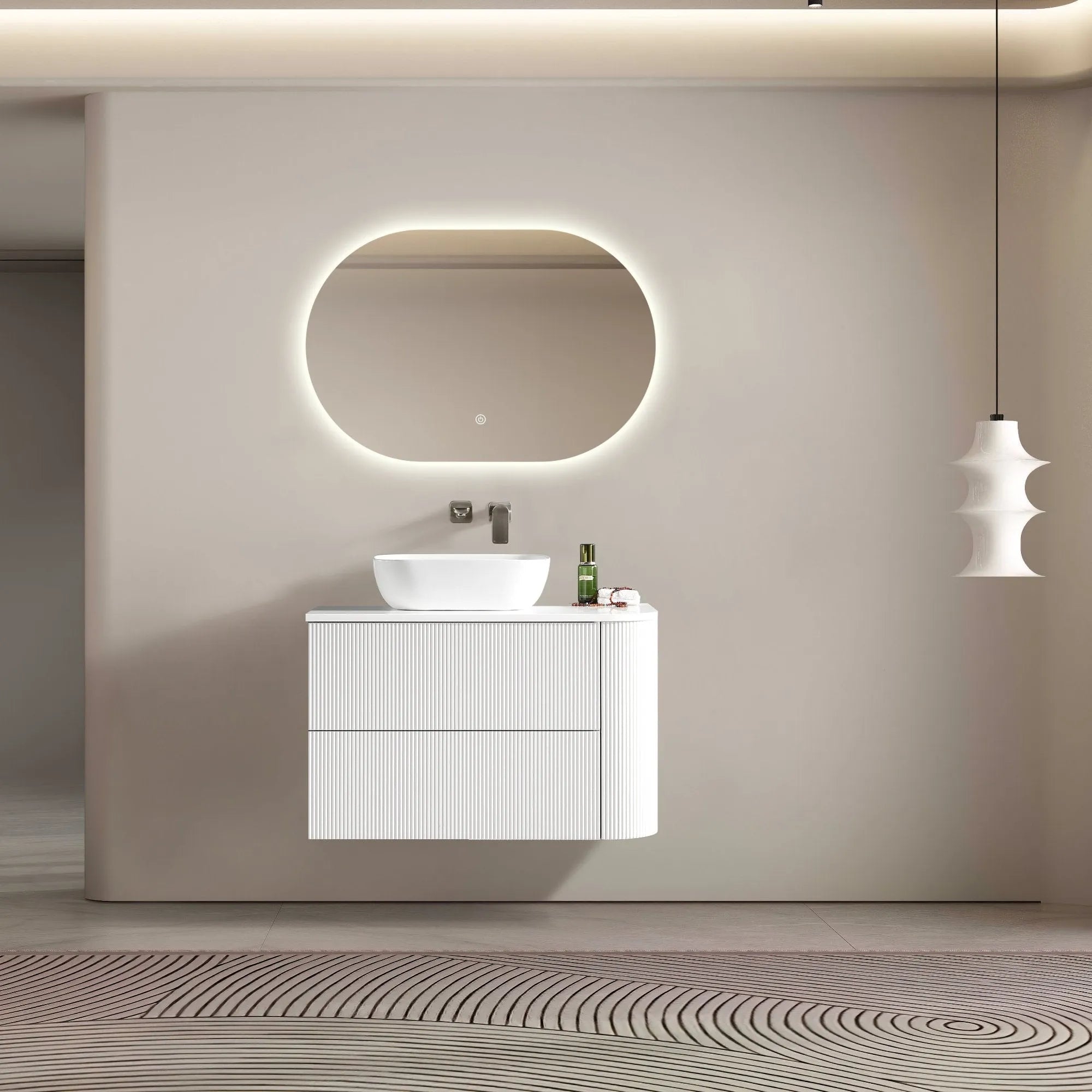 MELA - BRITTANY 900 Matt White Fluted One Side Curved Wall Hung Vanity with 2 Drawers-Vanities-from our-MELA-supplier–available at Bathroom City Perth