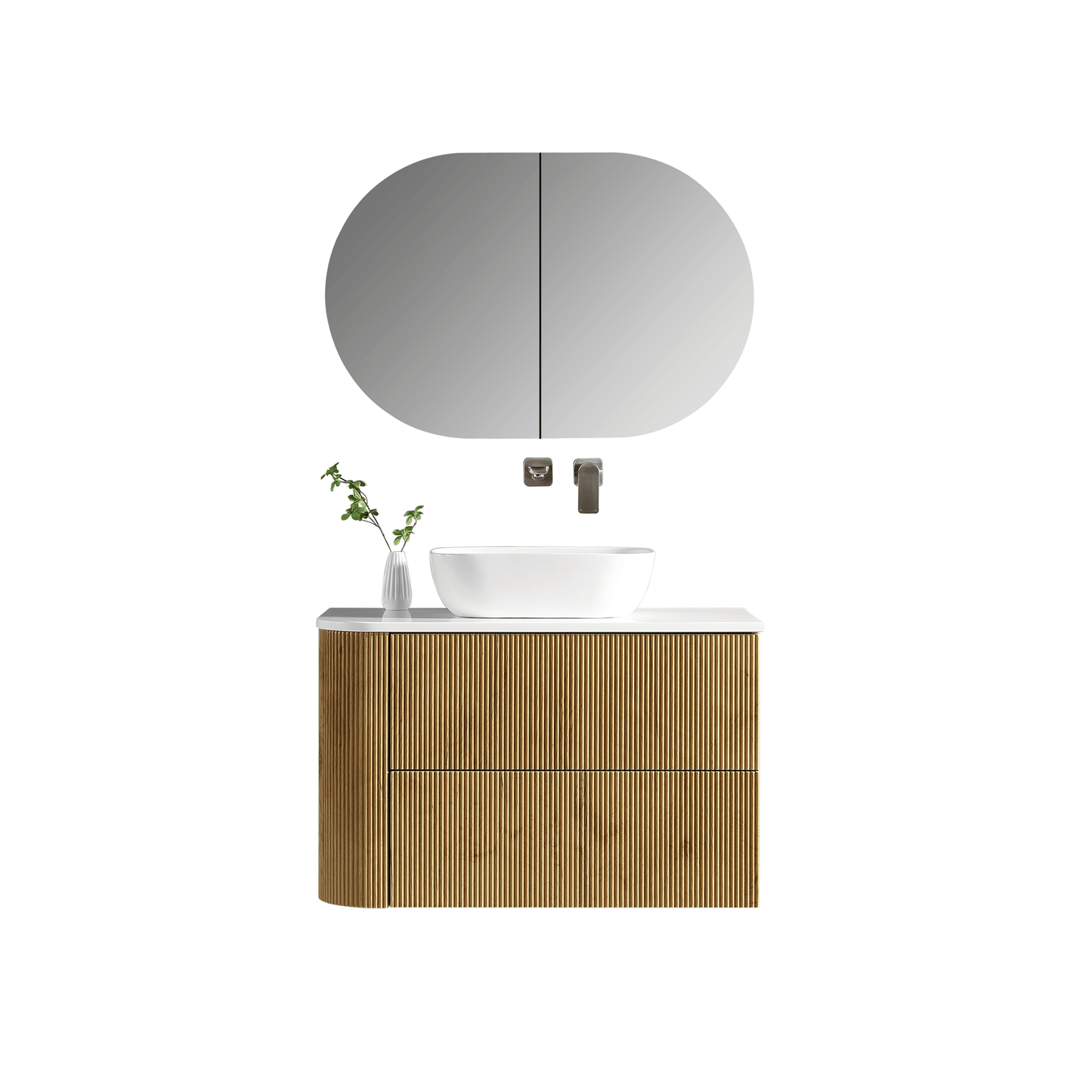 MELA - BRITTANY 900 Oak Fluted One Side Curved Wall Hung Vanity with 2 Drawers - Vanities - from our - MELA - supplier–available at Bathroom City Perth