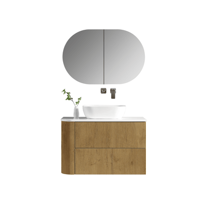 MELA - BRITTANY 900 Oak Fluted One Side Curved Wall Hung Vanity with 2 Drawers - Vanities - from our - MELA - supplier–available at Bathroom City Perth