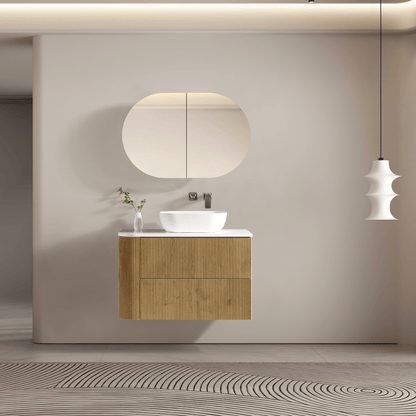 MELA - BRITTANY 900 Oak Fluted One Side Curved Wall Hung Vanity with 2 Drawers - Vanities - from our - MELA - supplier–available at Bathroom City Perth