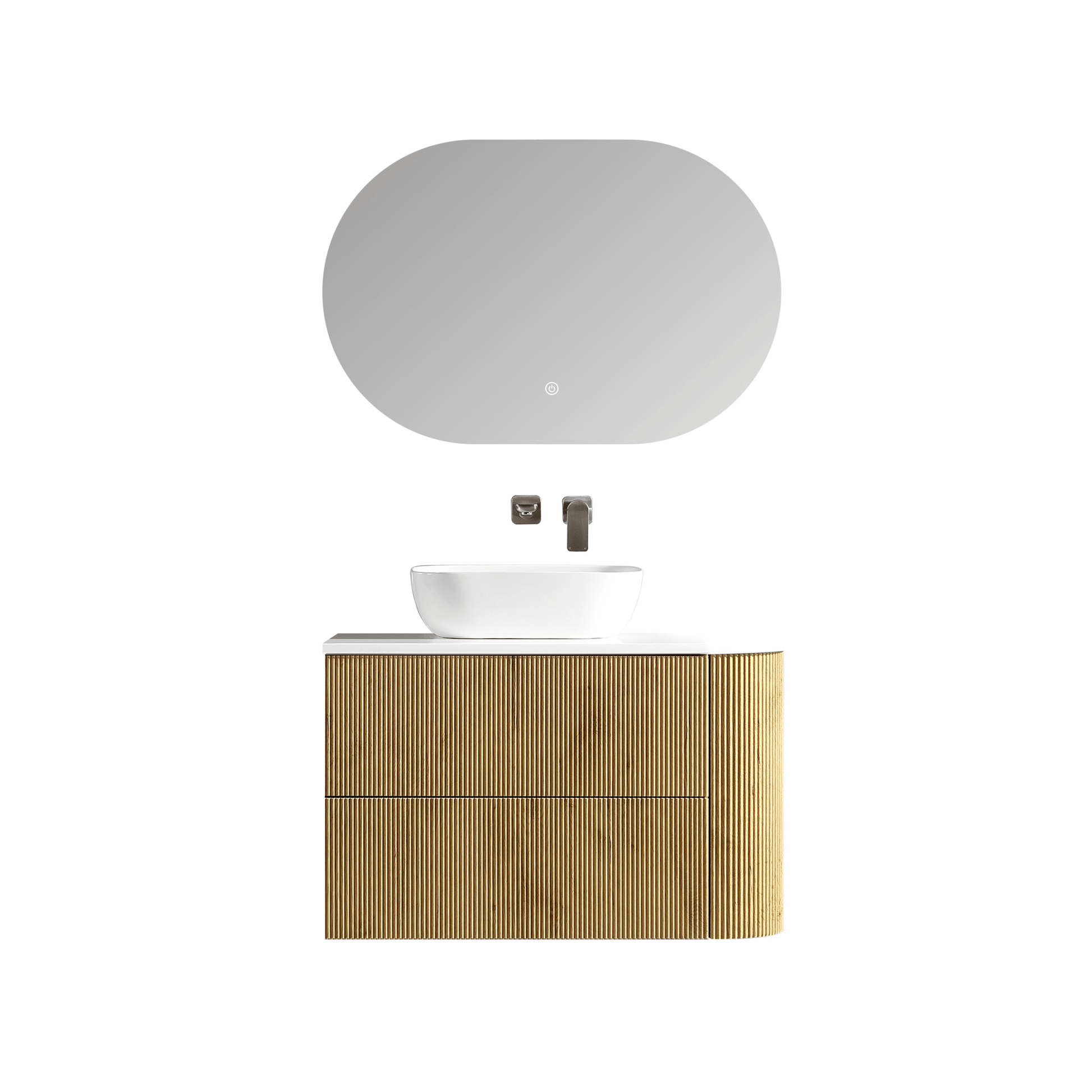 MELA - BRITTANY 900 Oak Fluted One Side Curved Wall Hung Vanity with 2 Drawers - Vanities - from our - MELA - supplier–available at Bathroom City Perth