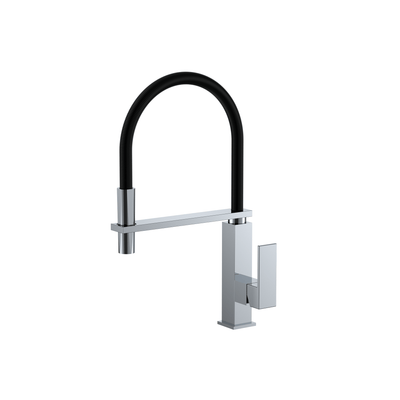 MELA CASSA chrome pull out sink mixer with black hose for modern kitchens – available at Bathroom City Perth
