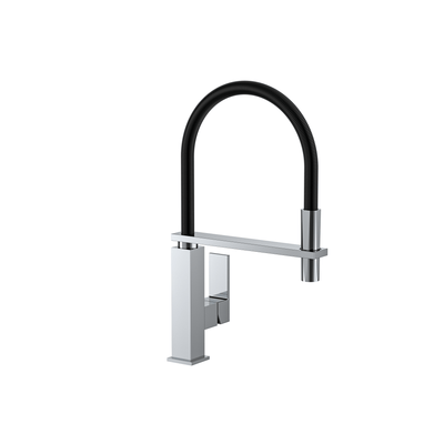 MELA CASSA chrome pull out sink mixer with black hose for modern kitchens – available at Bathroom City Perth
