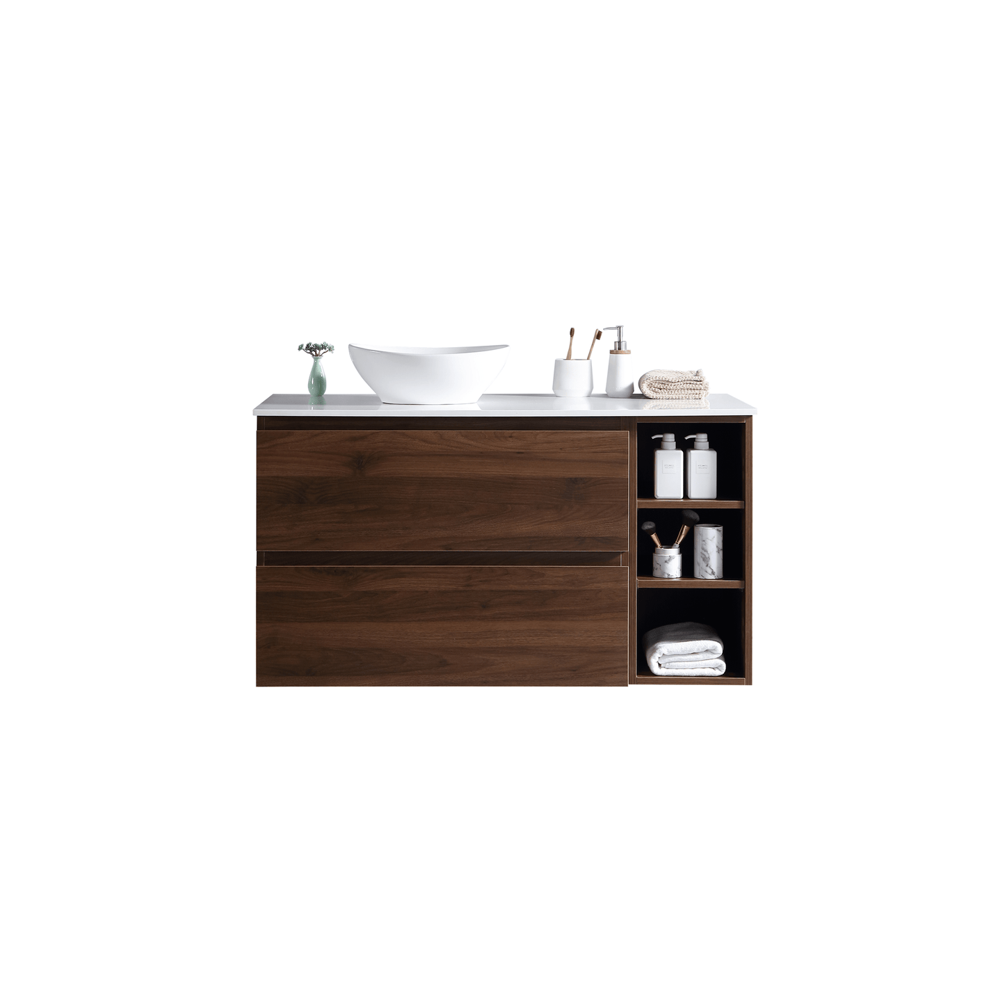 MELA - CLARK 1050 Walnut Wall Hung Vanity with 2 Drawers and Open Shelves - Vanities - from our - MELA - supplier–available at Bathroom City Perth