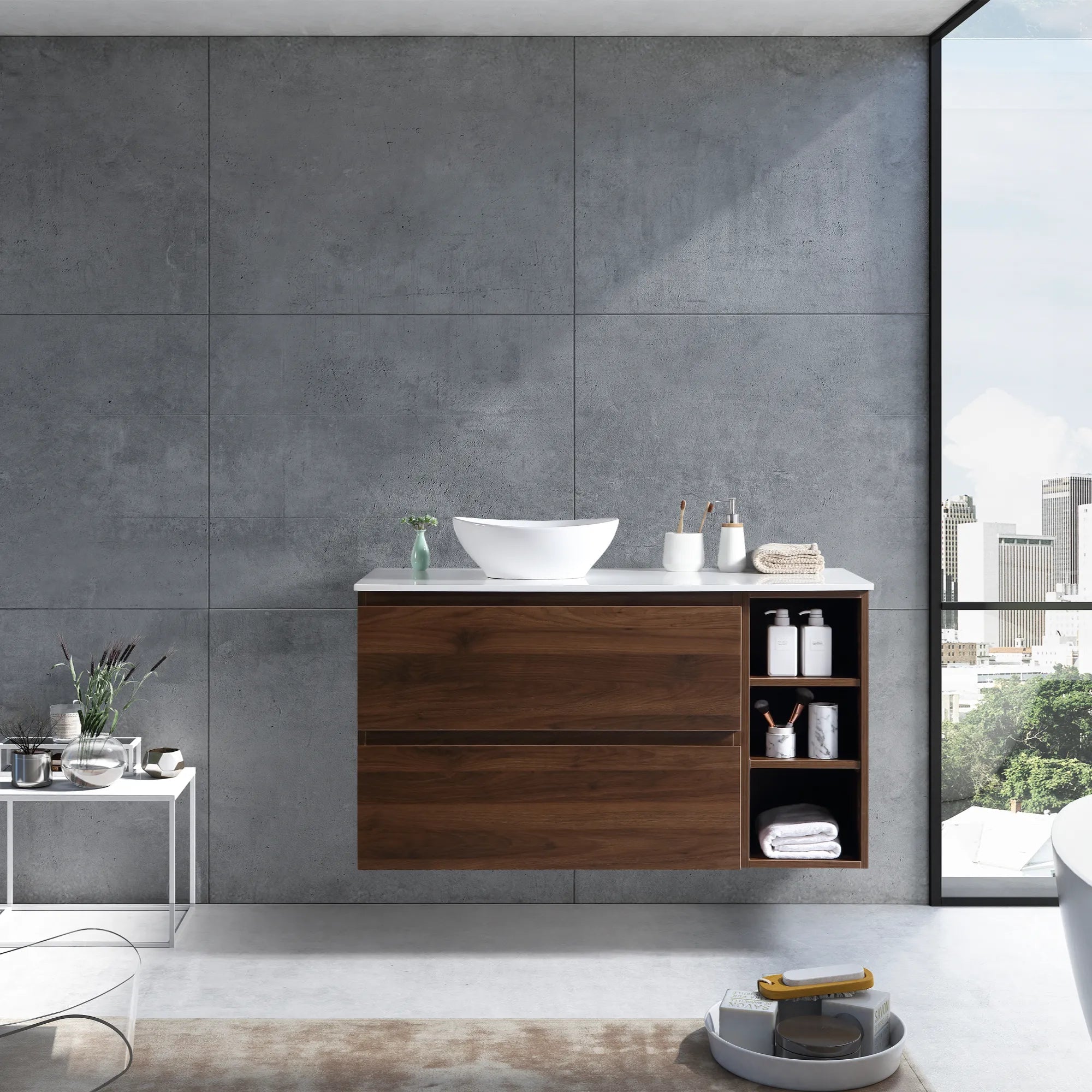 MELA - CLARK 1050 Walnut Wall Hung Vanity with 2 Drawers and Open Shelves-Vanities-from our-MELA-supplier–available at Bathroom City Perth