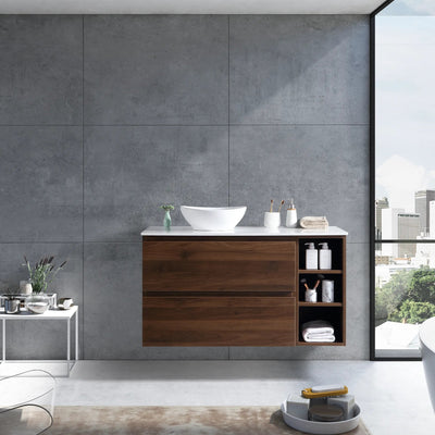 MELA - CLARK 1050 Walnut Wall Hung Vanity with 2 Drawers and Open Shelves-Vanities-from our-MELA-supplier–available at Bathroom City Perth
