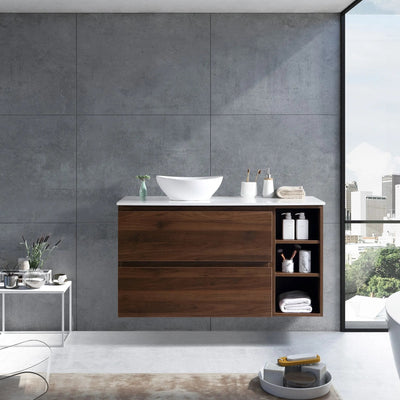 MELA - CLARK 1050 Walnut Wall Hung Vanity with 2 Drawers and Open Shelves-Vanities-from our-MELA-supplier–available at Bathroom City Perth