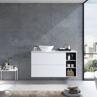 MELA - CLARK 1200 Gloss White Wall Hung Vanity with 2 Drawers and Open Shelves-Vanities-from our-MELA-supplier–available at Bathroom City Perth