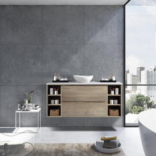 MELA - CLARK 1200 Sorrento Oak Wall Hung Vanity with 2 Drawers and 2 Open ShelvesVanities – available at Bathroom City Perth