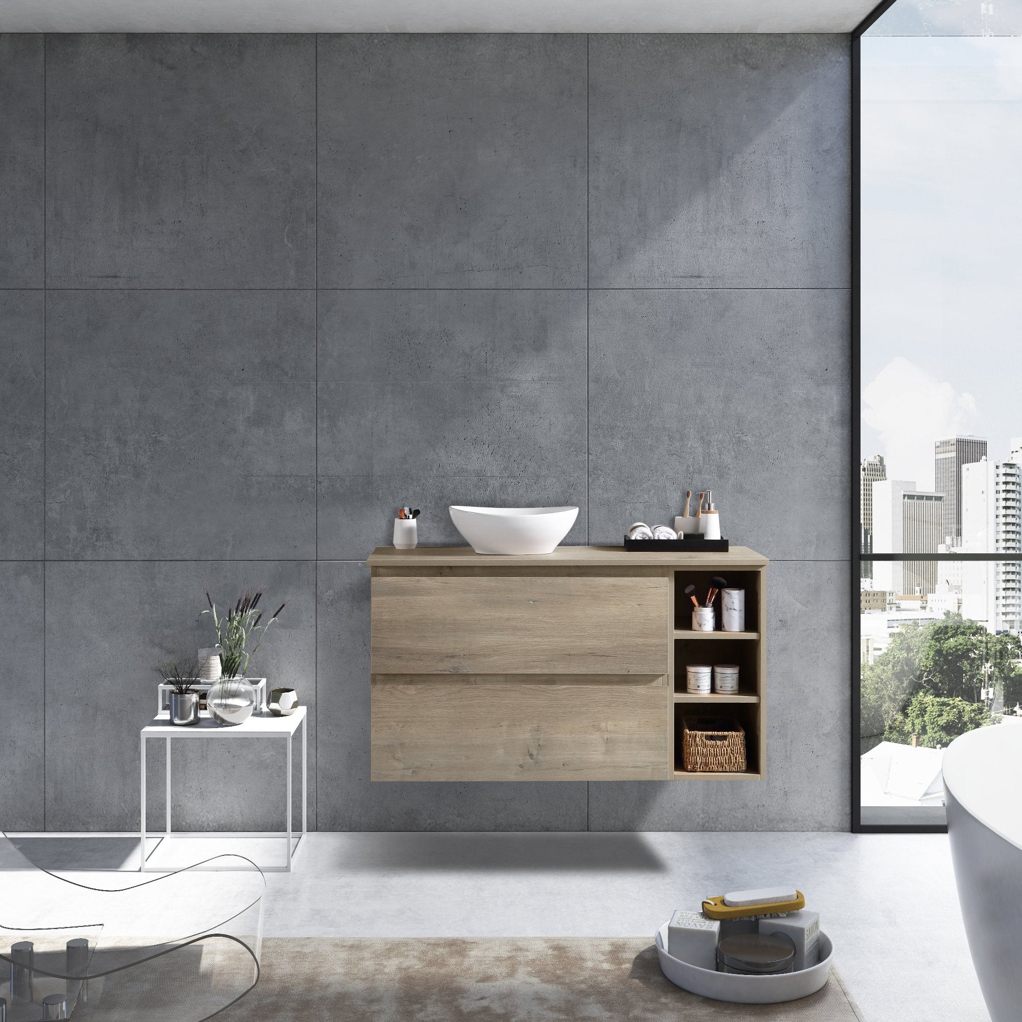 MELA - CLARK 1200 Sorrento Oak Wall Hung Vanity with 2 Drawers and Open ShelvesVanities – available at Bathroom City Perth