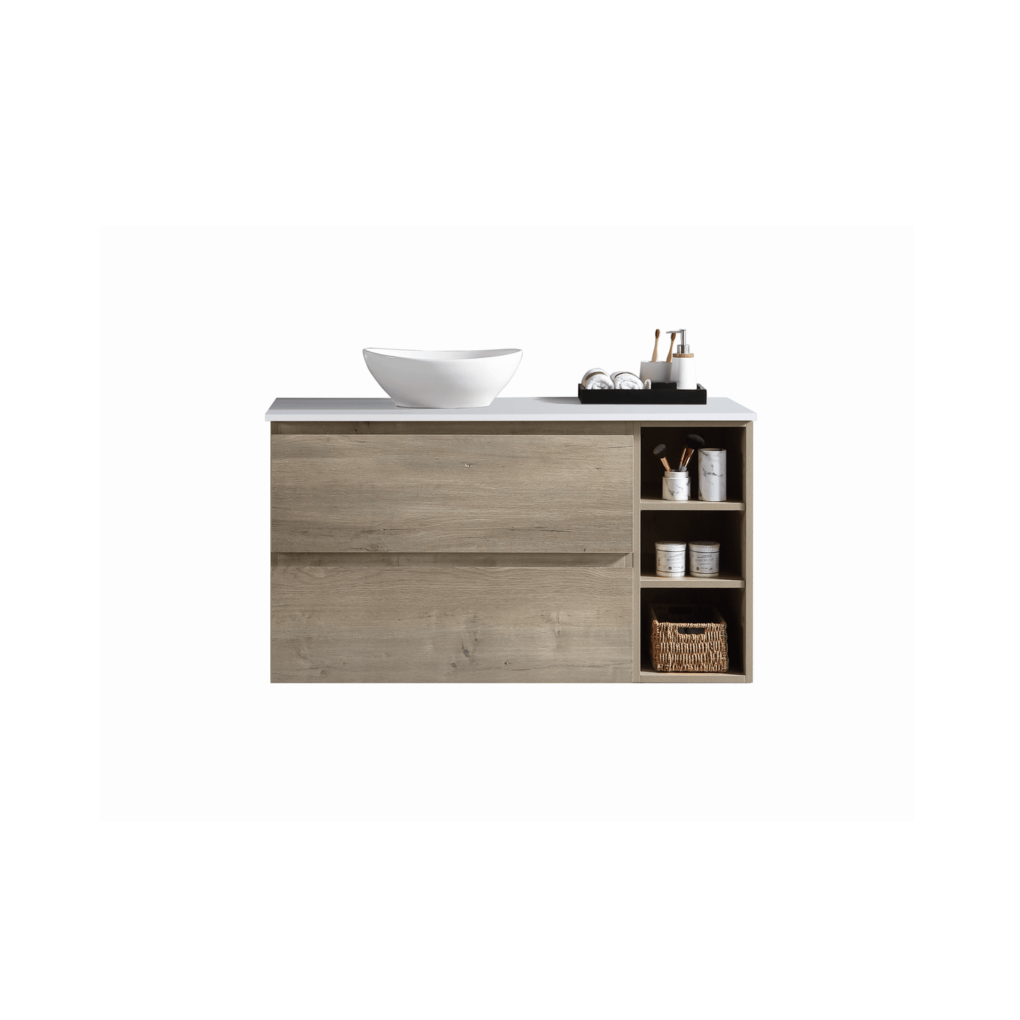 MELA - CLARK 1200 Sorrento Oak Wall Hung Vanity with 2 Drawers and Open Shelves - Vanities - from our - MELA - supplier–available at Bathroom City Perth