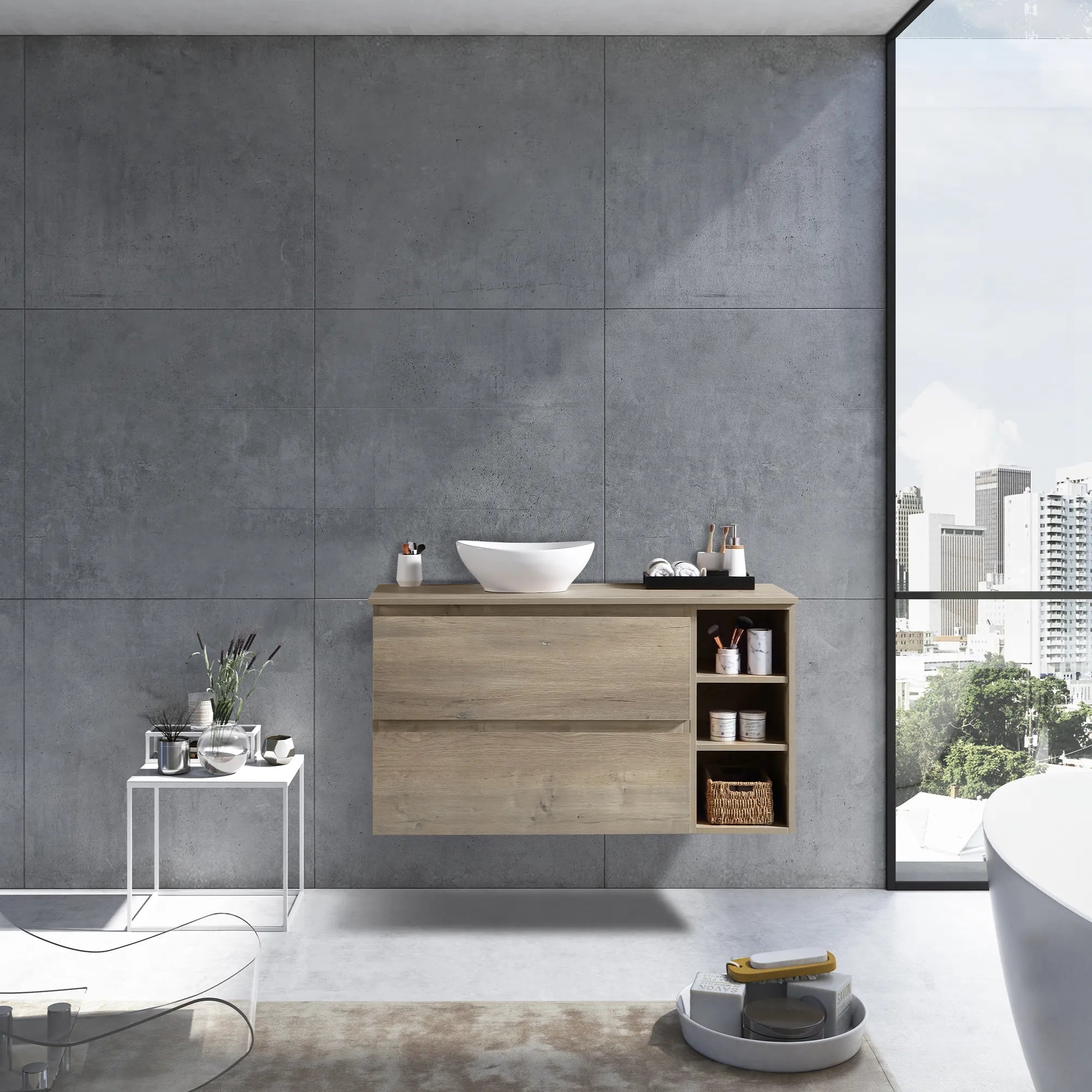 MELA - CLARK 1200 Sorrento Oak Wall Hung Vanity with 2 Drawers and Open Shelves-Vanities-from our-MELA-supplier–available at Bathroom City Perth