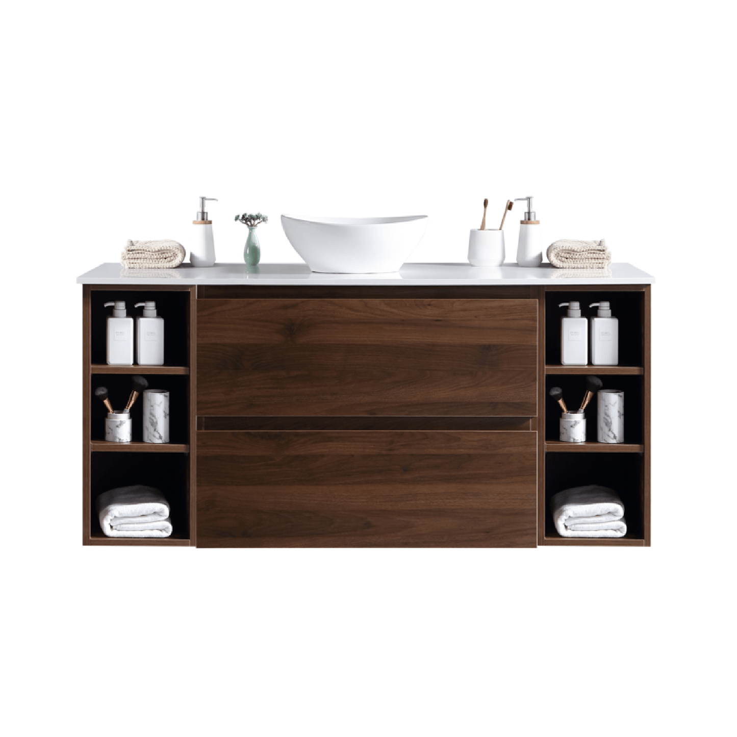 MELA - CLARK 1200 Walnut Wall Hung Vanity with 2 Drawers and 2 Open ShelvesVanities – available at Bathroom City Perth