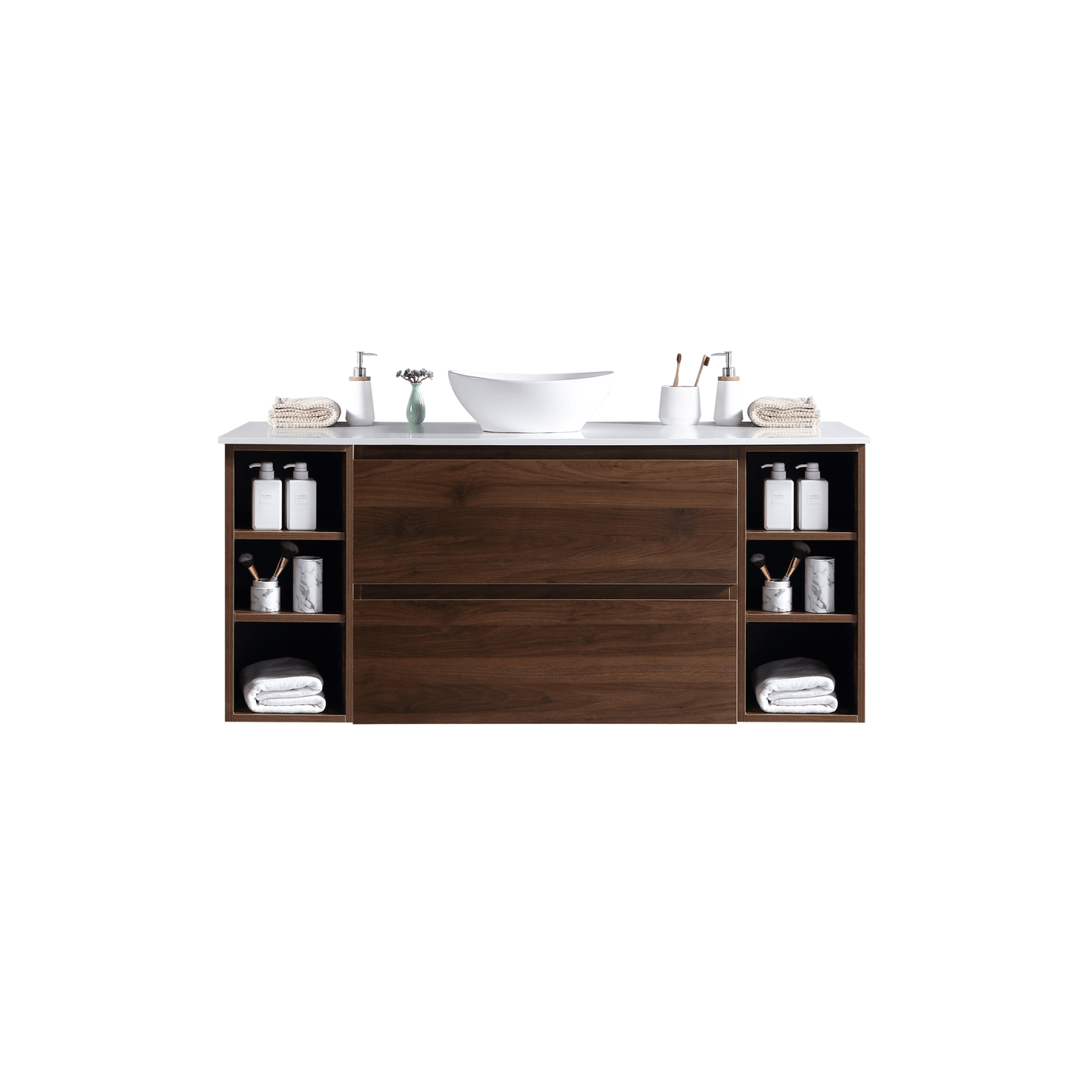 MELA - CLARK 1200 Walnut Wall Hung Vanity with 2 Drawers and 2 Open Shelves - Vanities - from our - MELA - supplier–available at Bathroom City Perth
