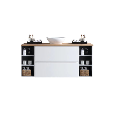 MELA - CLARK 1350 Gloss White Wall Hung Vanity with 2 Drawers and 2 Open Shelves-Vanities-from our-MELA-supplier–available at Bathroom City Perth