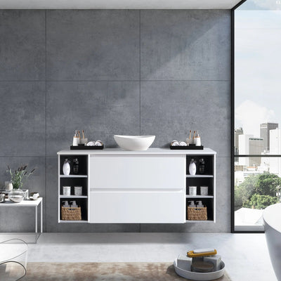 MELA - CLARK 1350 Gloss White Wall Hung Vanity with 2 Drawers and 2 Open Shelves-Vanities-from our-MELA-supplier–available at Bathroom City Perth