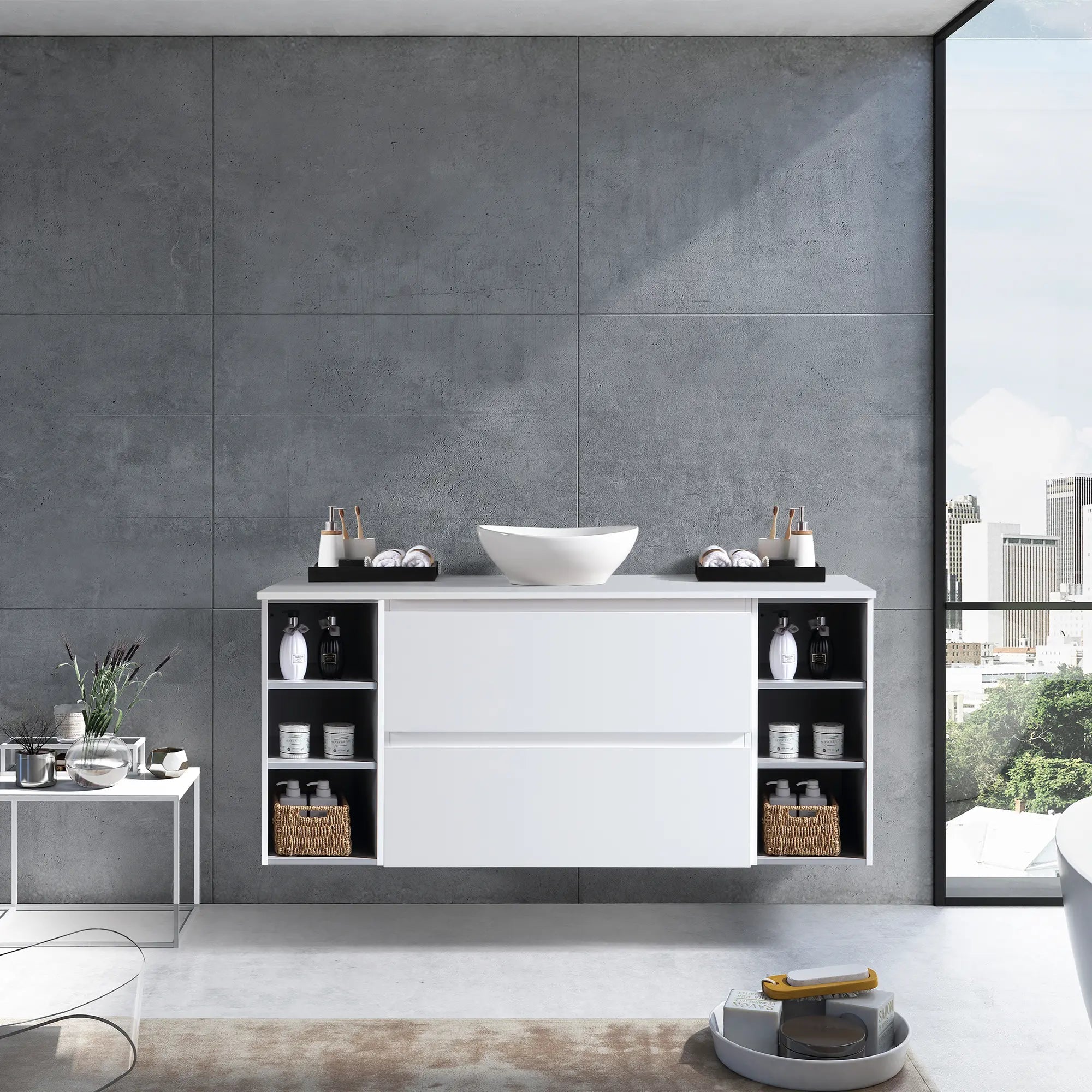 MELA - CLARK 1350 Gloss White Wall Hung Vanity with 2 Drawers and 2 Open Shelves-Vanities-from our-MELA-supplier–available at Bathroom City Perth