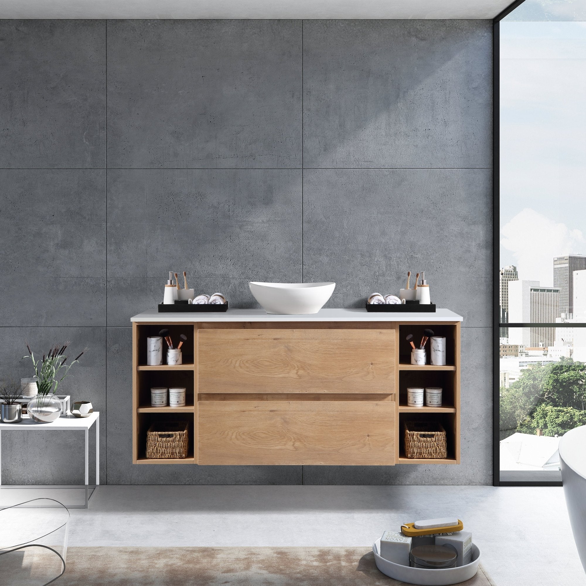 MELA - CLARK 1350 Snafell Wall Hung Vanity with 2 Drawers and 2 Open ShelvesVanities – available at Bathroom City Perth