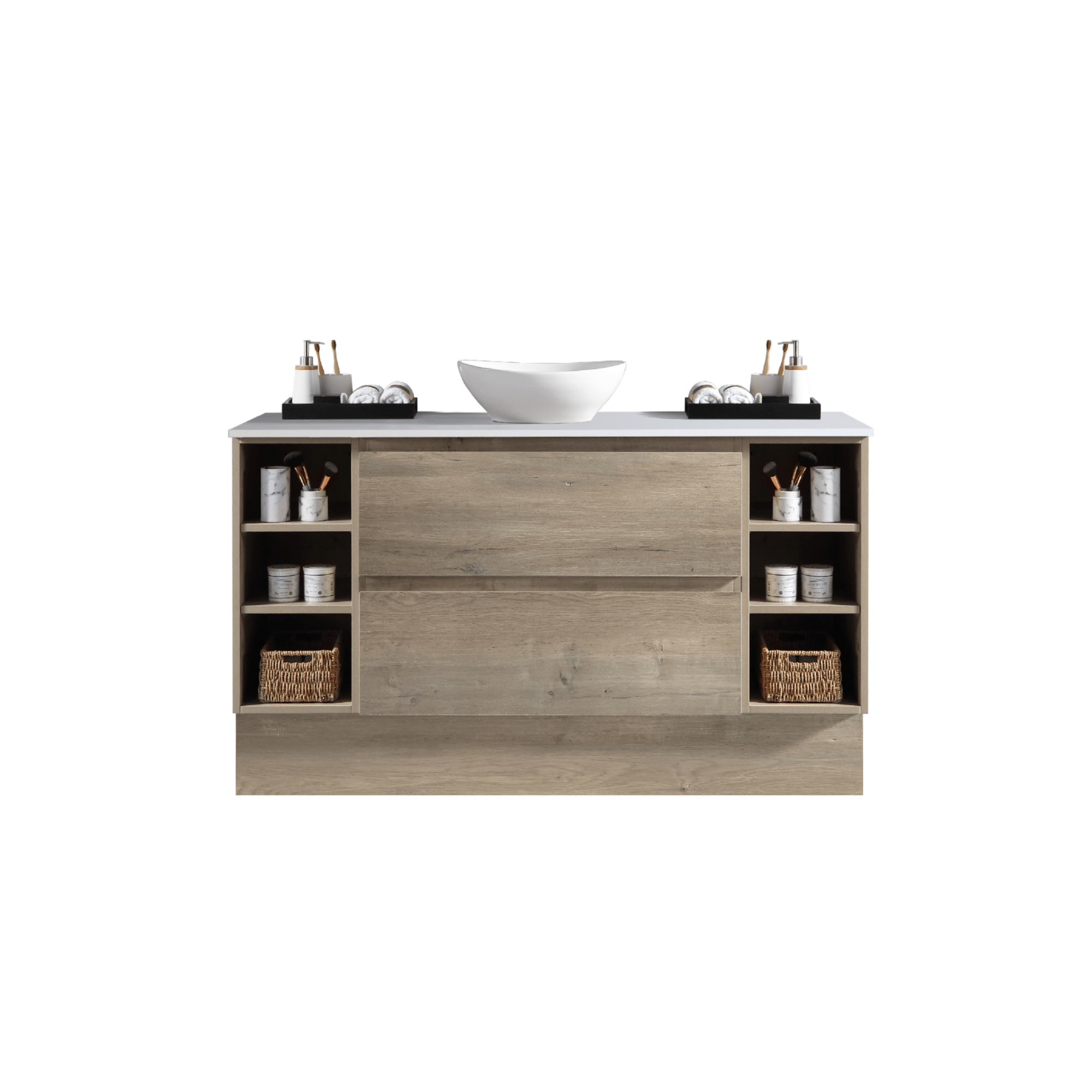 MELA - CLARK 1350 Sorrento Oak Wall Hung Vanity with 2 Drawers and 2 Open ShelvesVanities – available at Bathroom City Perth