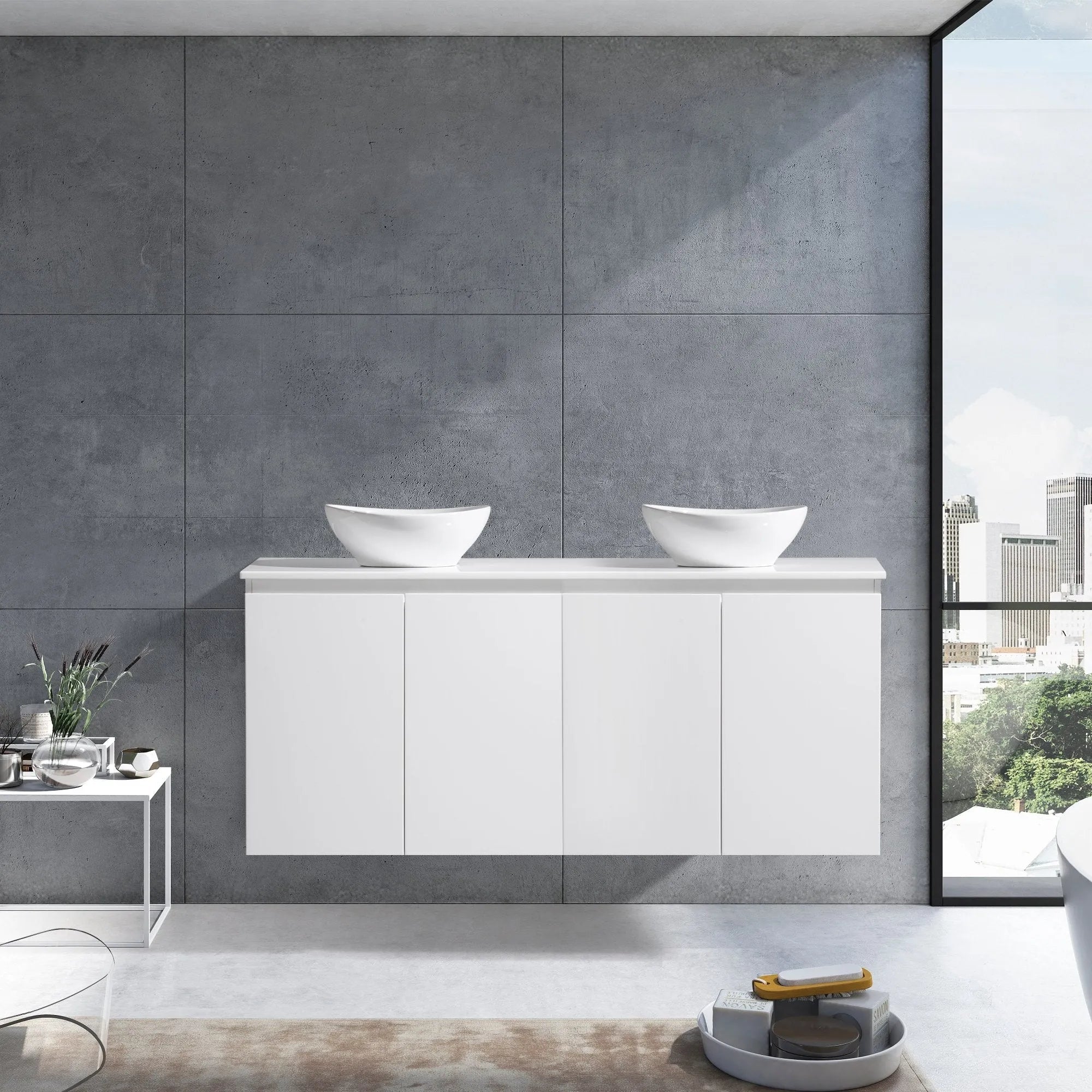 MELA - CLARK 1500 Gloss White Wall Hung Vanity with 4 Doors-Vanities-from our-MELA-supplier–available at Bathroom City Perth