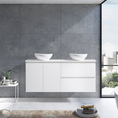 MELA CLARK 1500 gloss white wall hung vanity with doors and drawers –available at Bathroom City Perth