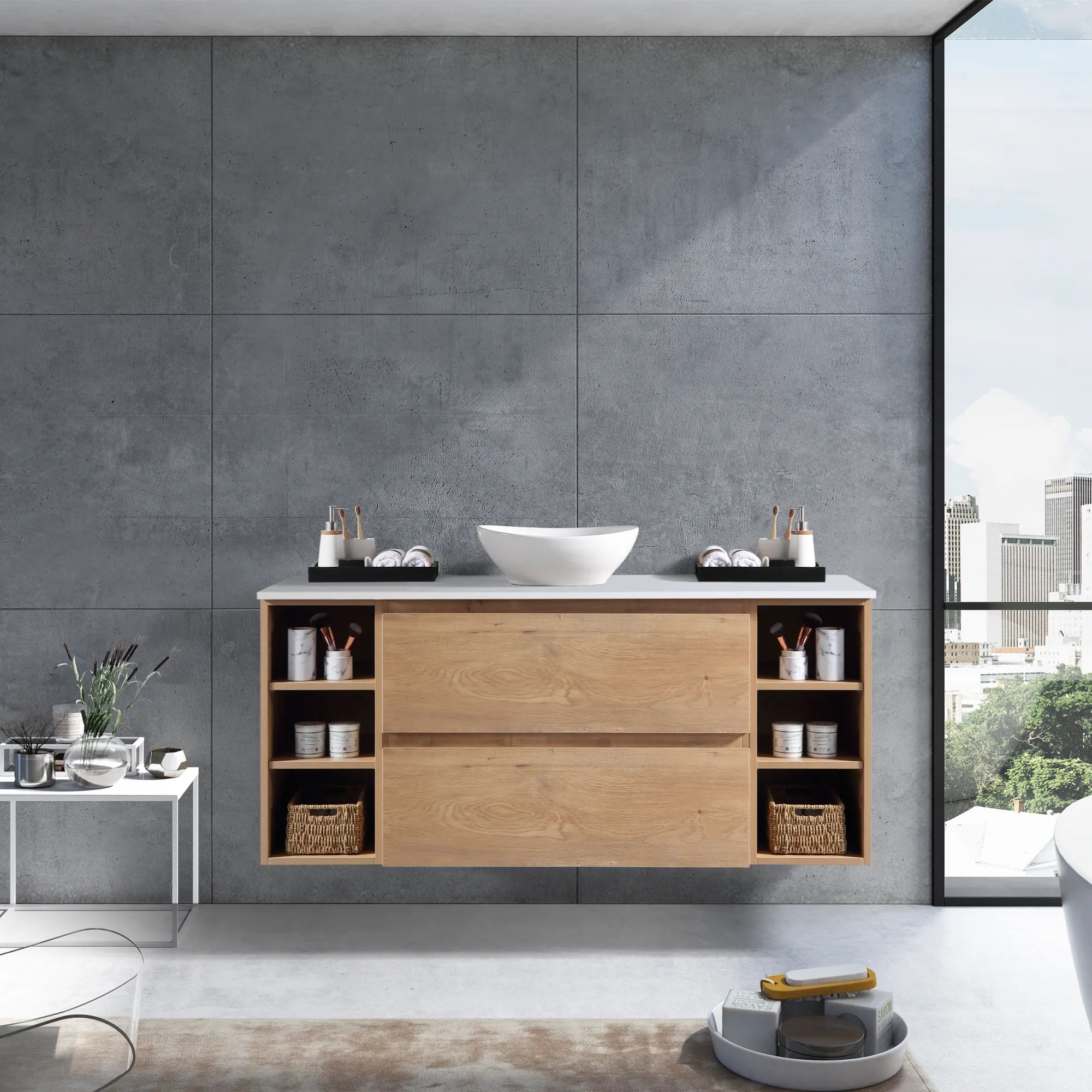 MELA - CLARK 1500 Snafell Wall Hung Vanity with 2 Drawers and 2 Open Shelves-Vanities-from our-MELA-supplier–available at Bathroom City Perth