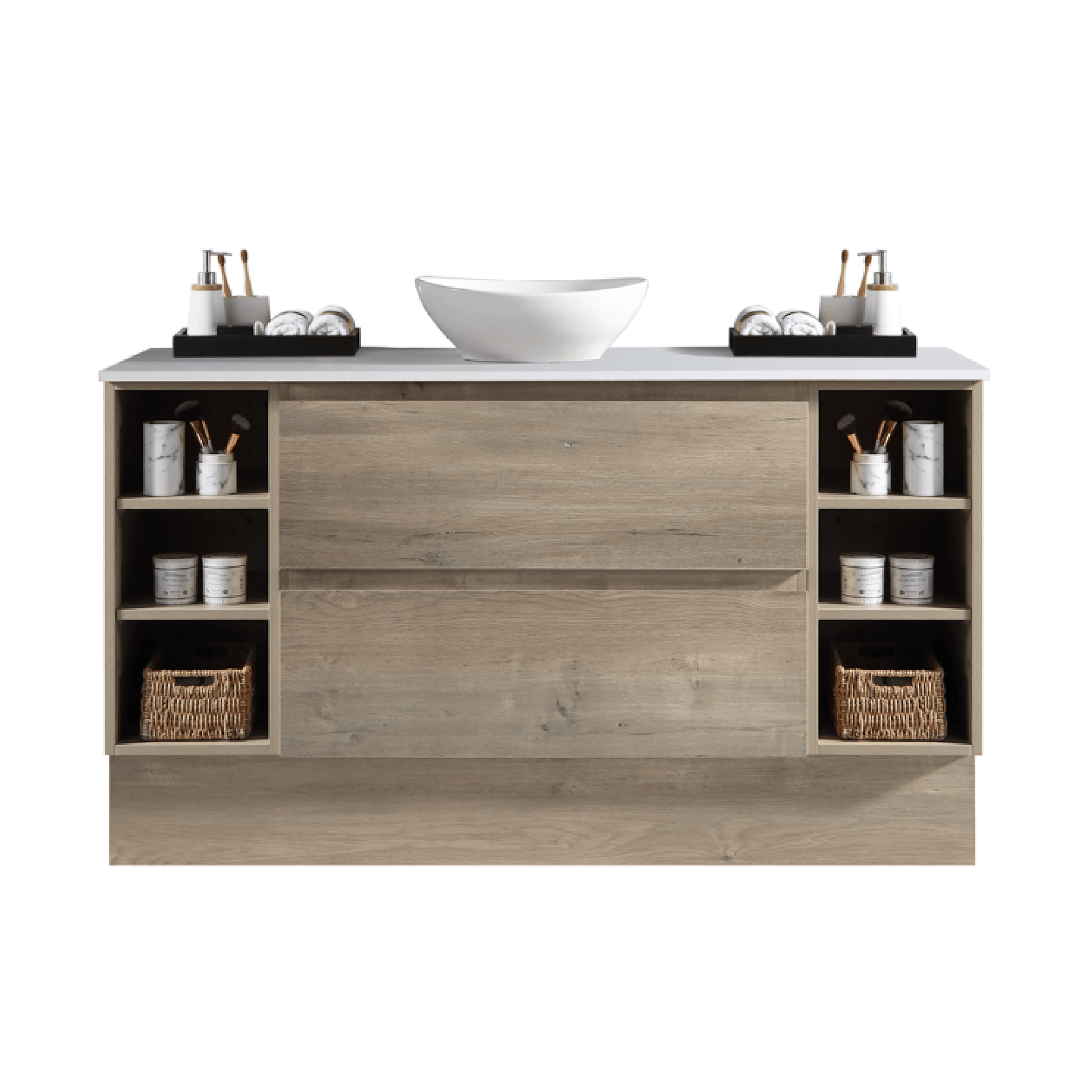 MELA - CLARK 1500 Sorrento Oak Wall Hung Vanity with 2 Drawers and 2 Open ShelvesVanities – available at Bathroom City Perth