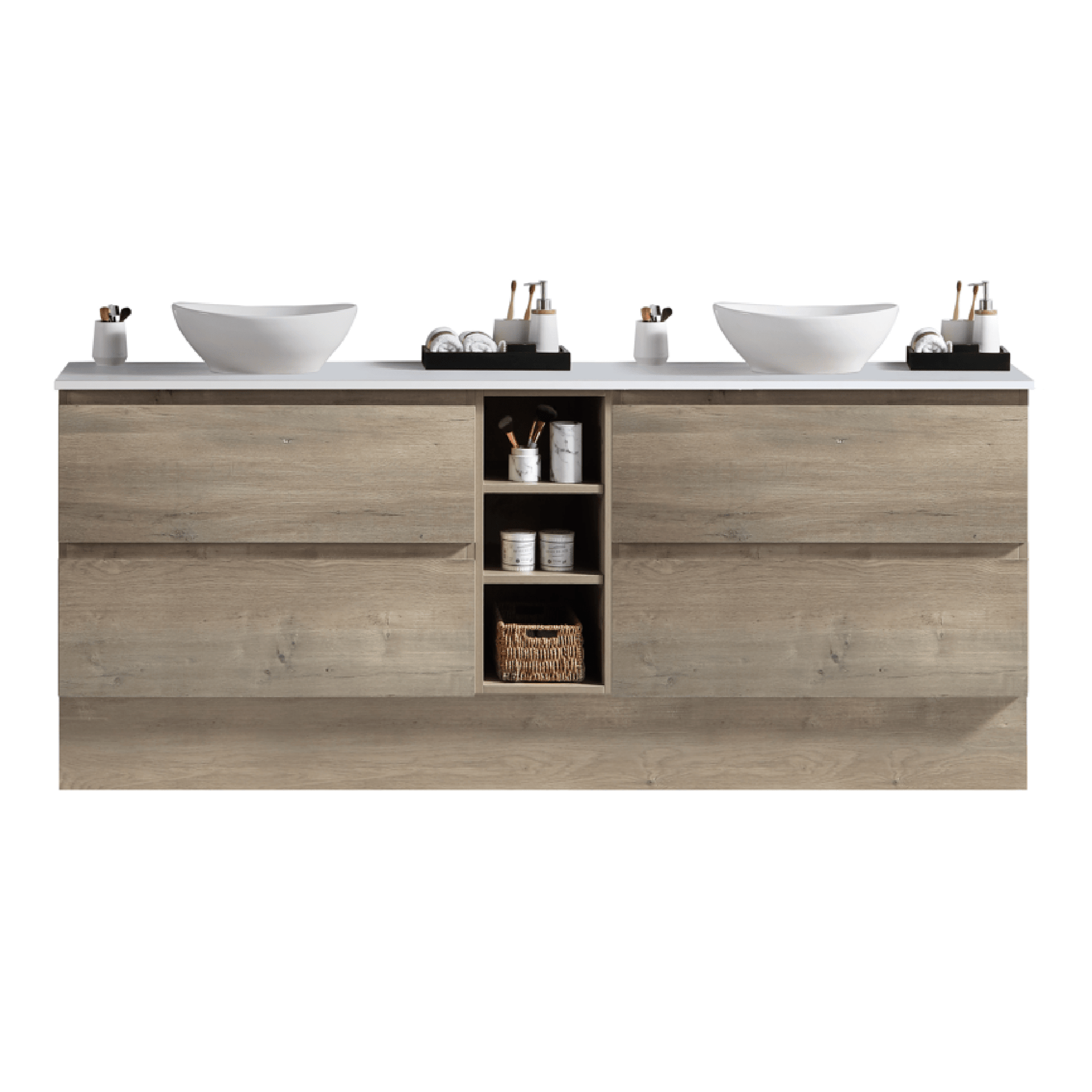 MELA - CLARK 1500 Sorrento Oak Wall Hung Vanity with 4 Drawers and Open ShelvesVanities – available at Bathroom City Perth