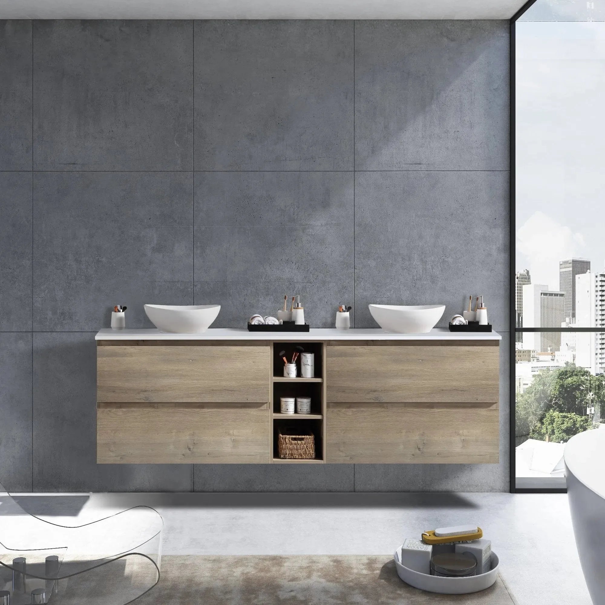 MELA - CLARK 1500 Sorrento Oak Wall Hung Vanity with 4 Drawers and Open Shelves-Vanities-from our-MELA-supplier–available at Bathroom City Perth