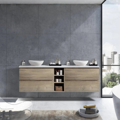 MELA - CLARK 1500 Sorrento Oak Wall Hung Vanity with 4 Drawers and Open Shelves-Vanities-from our-MELA-supplier–available at Bathroom City Perth