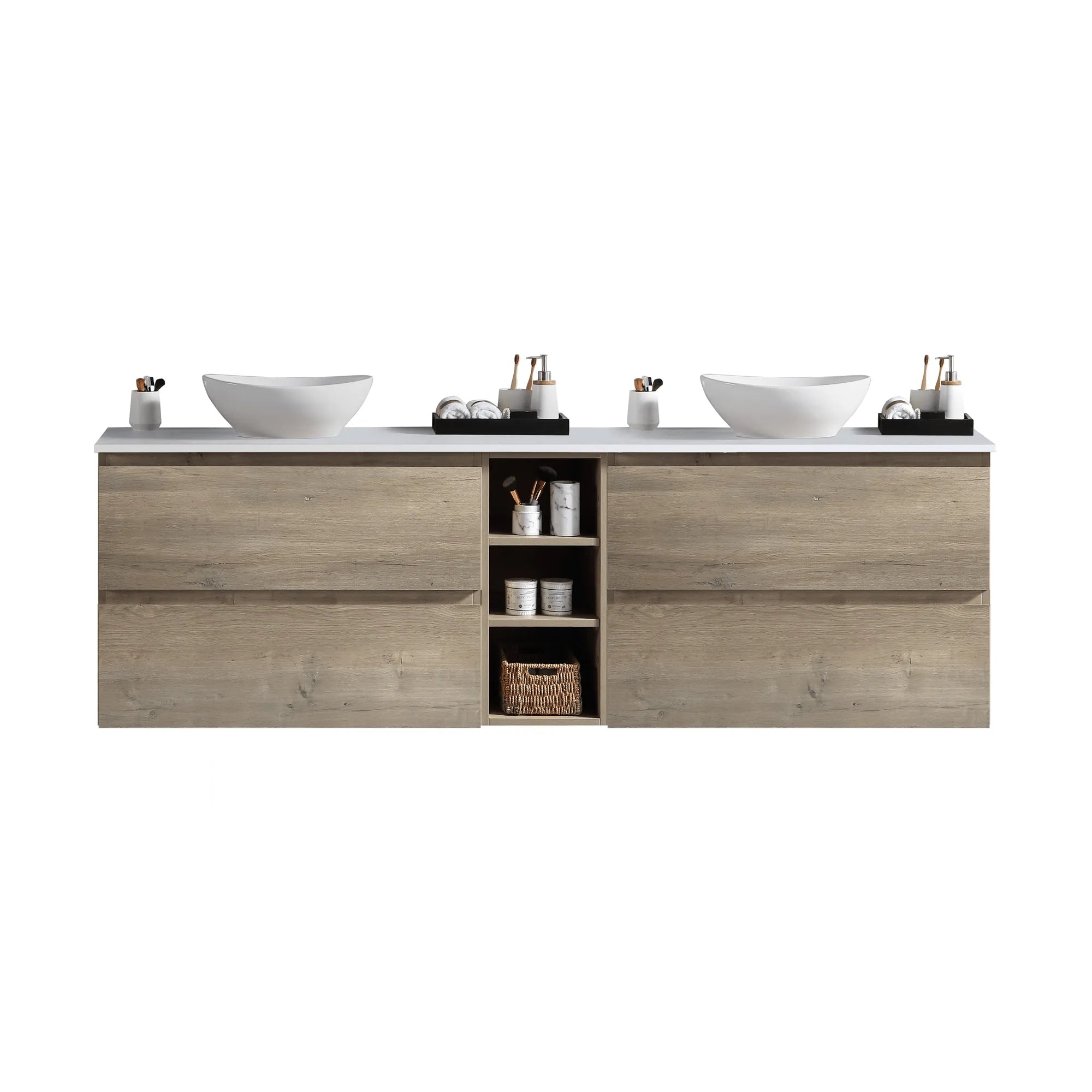 MELA - CLARK 1500 Sorrento Oak Wall Hung Vanity with 4 Drawers and Open Shelves-Vanities-from our-MELA-supplier–available at Bathroom City Perth