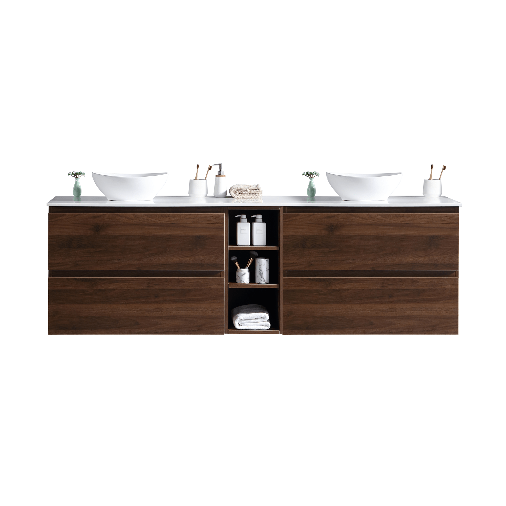 MELA - CLARK 1500 Walnut Wall Hung Vanity with 4 Drawers and Open Shelves - Vanities - from our - MELA - supplier–available at Bathroom City Perth
